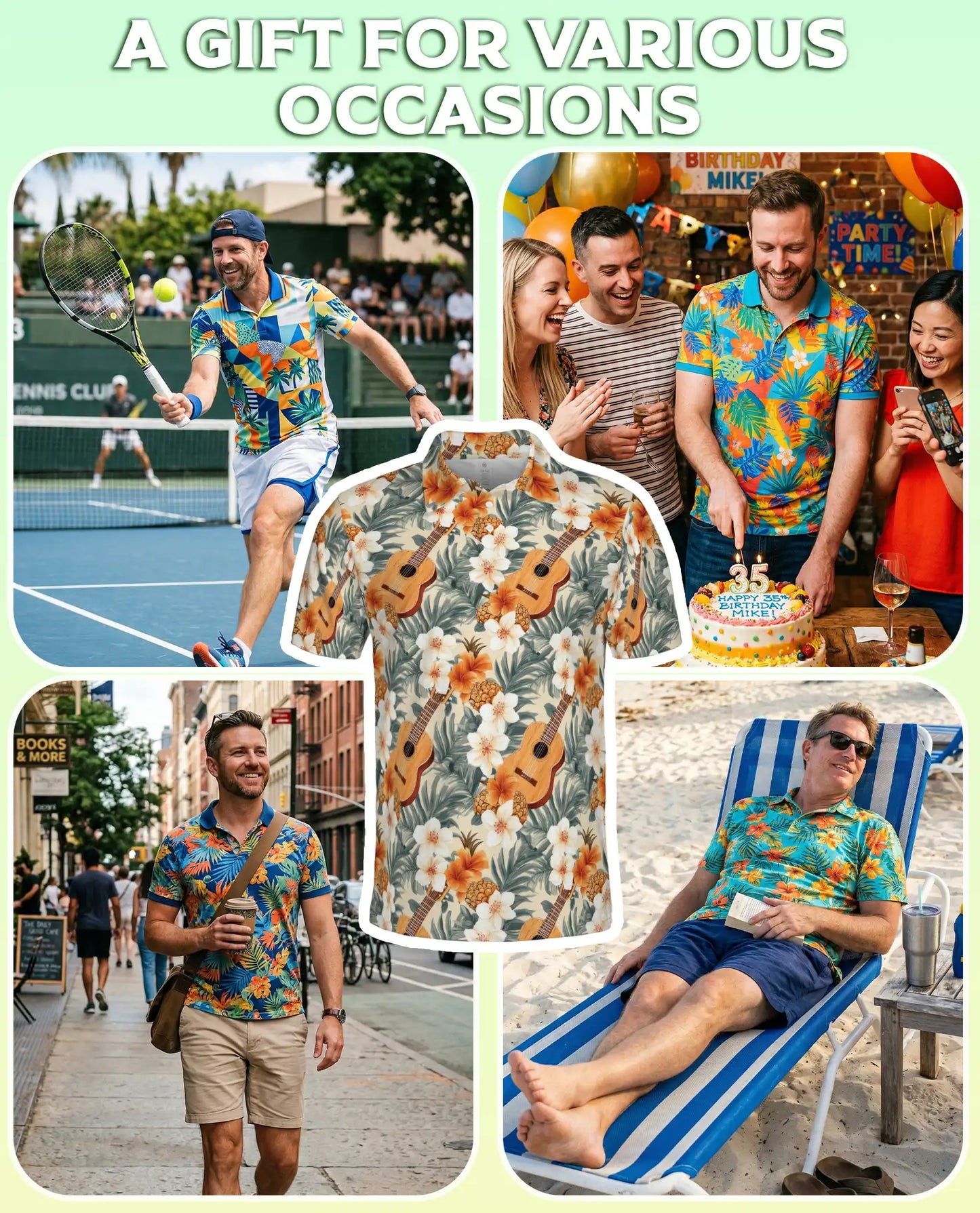 Tropical Ukulele Polo Shirt for Men-Print Hibiscus Pineapple | Azhawaiian