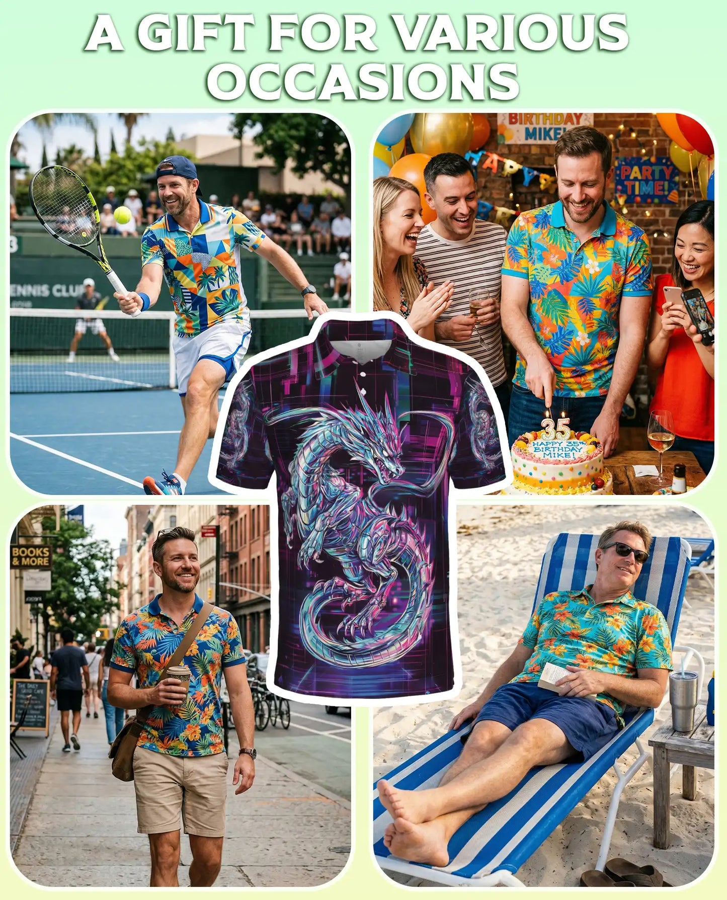 Cyber Dragon 3D Polo Shirt for Men, Neon Futuristic Fantasy Style | Azhawaiian