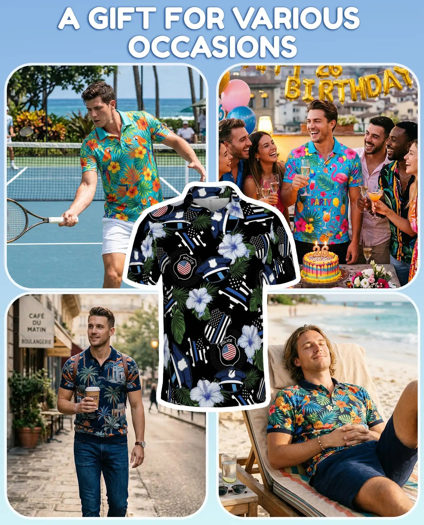 Police Thin Blue Line Polo Shirt - Tropical Floral Design | Azhawaiian