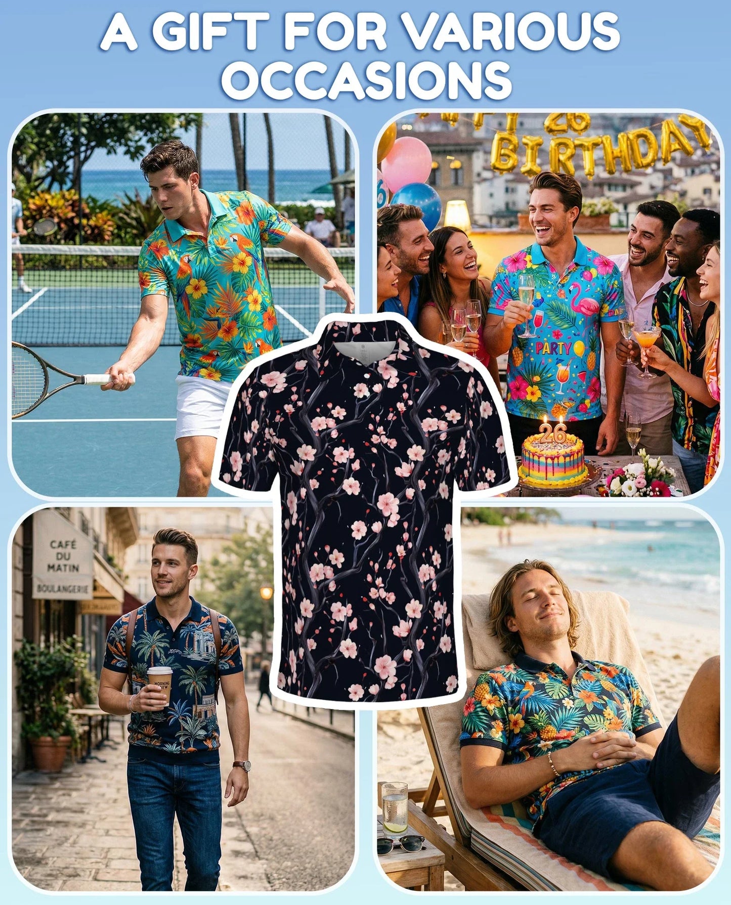 Japanese Floral Polo Shirt for Men, Elegant Sakura Art Style | Azhawaiian
