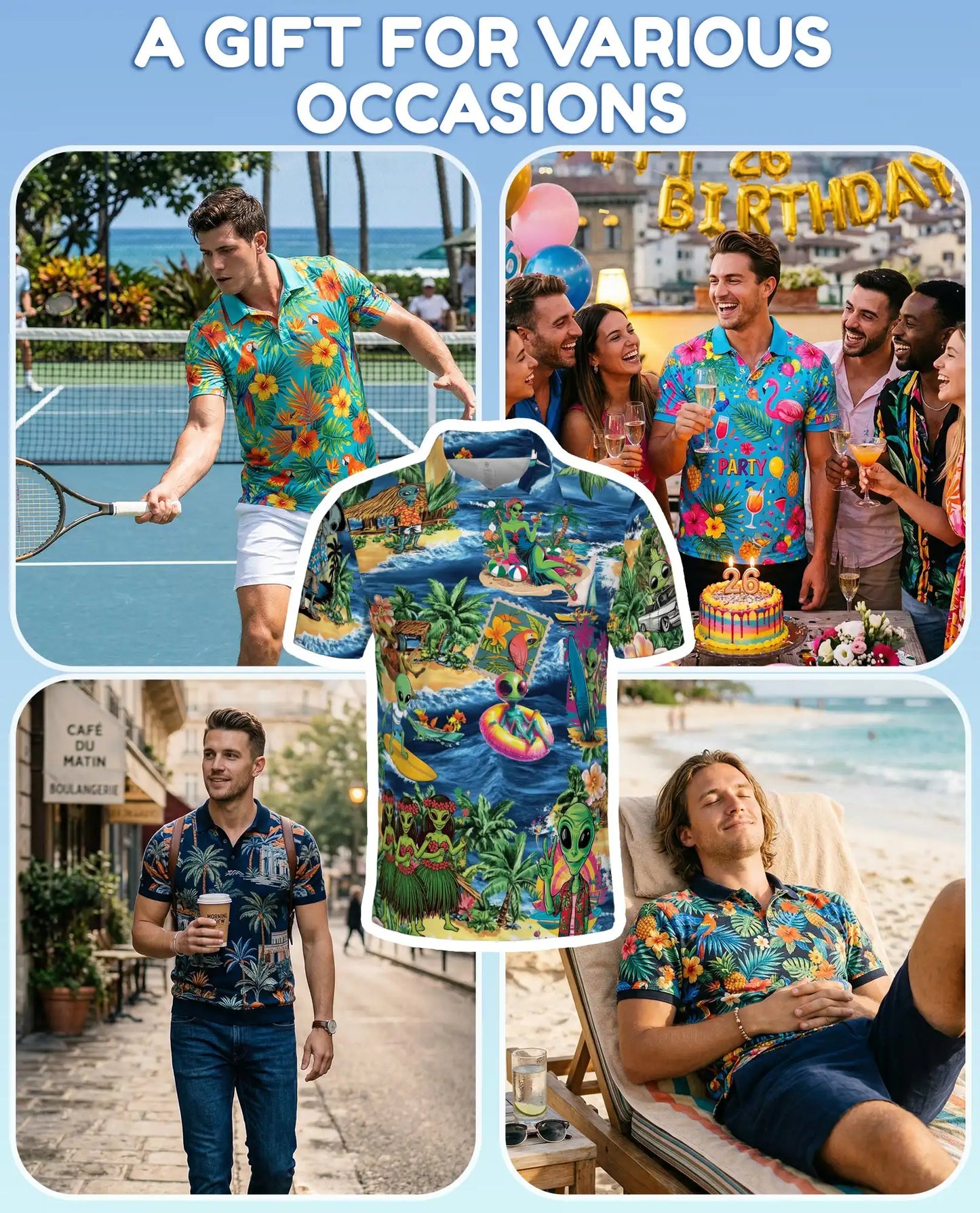 Alien Beach Hawaiian Polo Shirt - Funny UFO Tropical Surfing Design | Azhawaiian