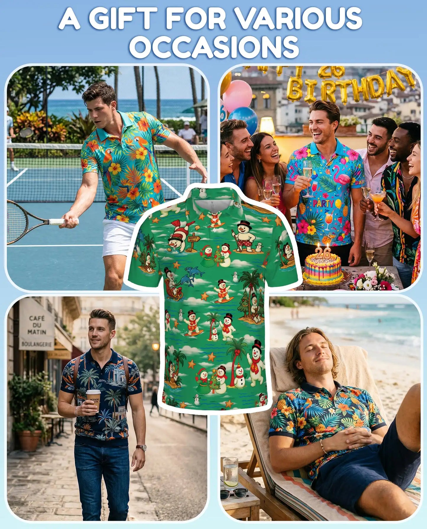Tropical Snowman Christmas Polo Shirt - Beach Design | Azhawaiian