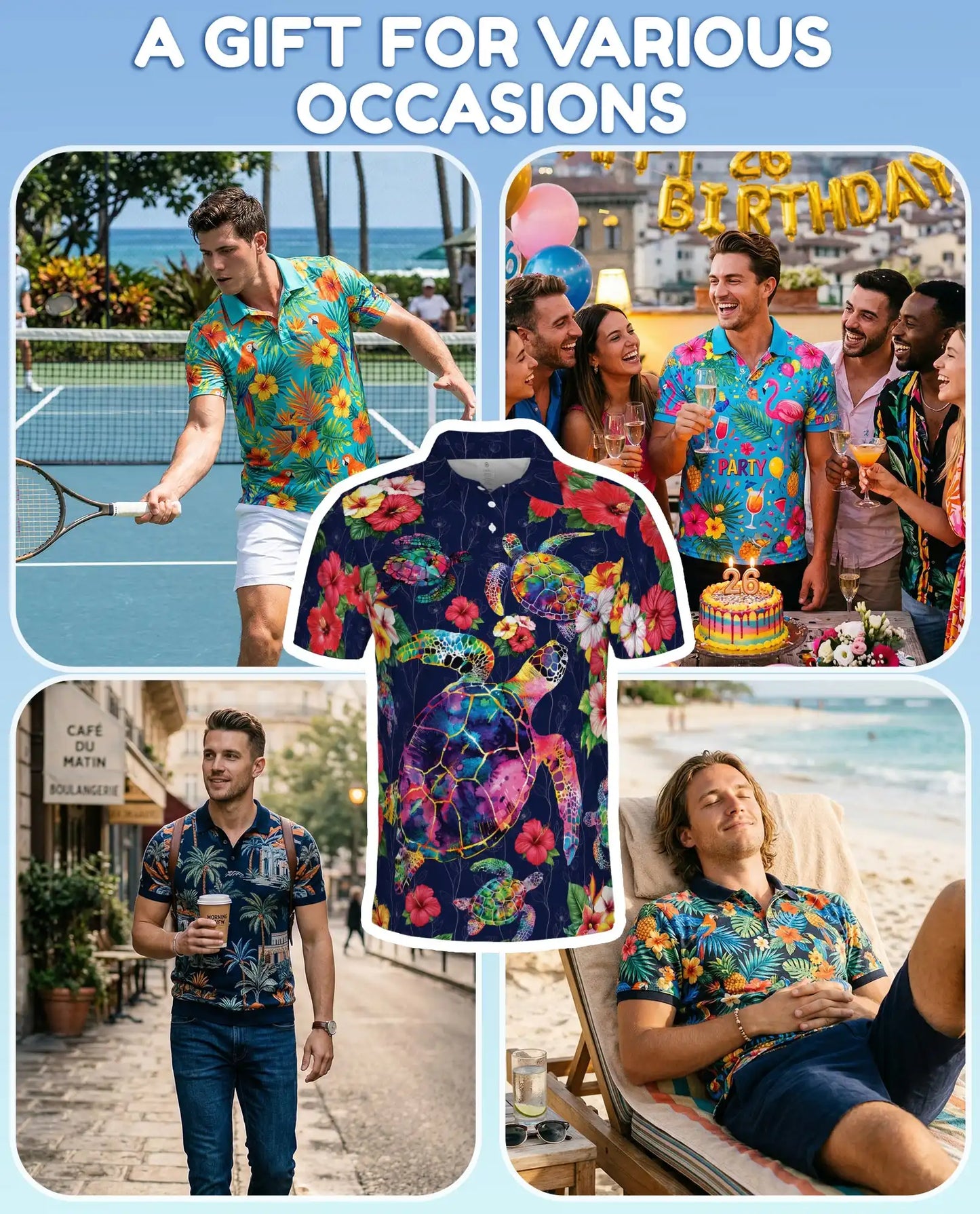 Colorful Sea Turtle Tropical Polo Shirt for Men, Ocean Reef Print | Azhawaiian