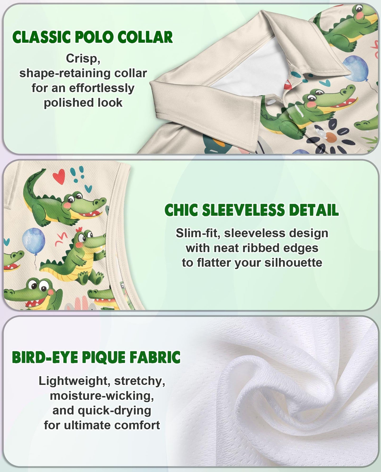 Alligator Pattern Sleeveless Polo Shirt for Women | Azhawaiian