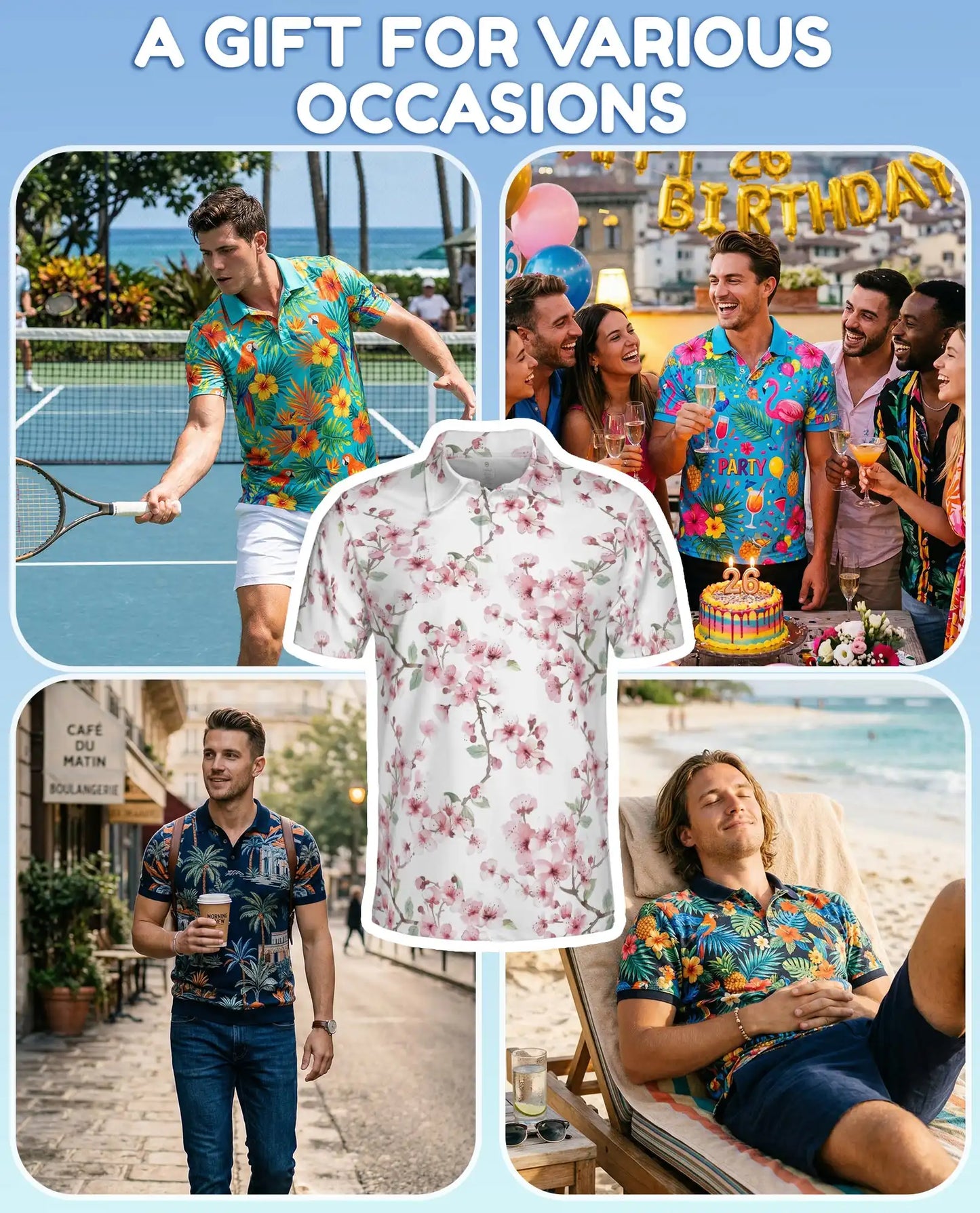Cherry Blossom Polo Shirt for Men, Spring Floral Style | Azhawaiian