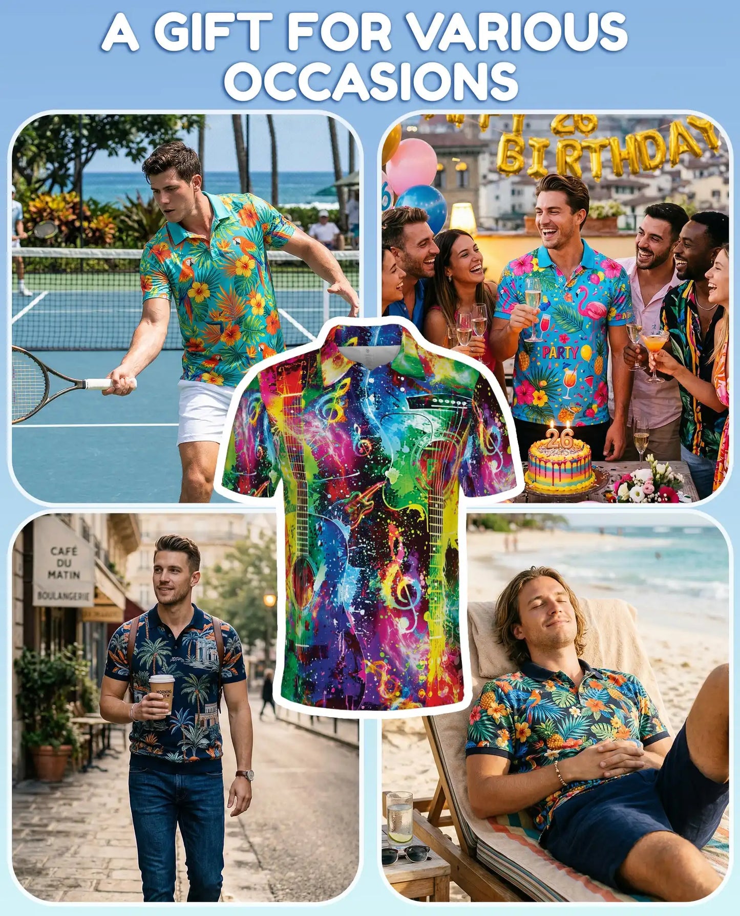 Colorful Guitar Polo Shirt, Music Lover Art Style | Azhawaiian