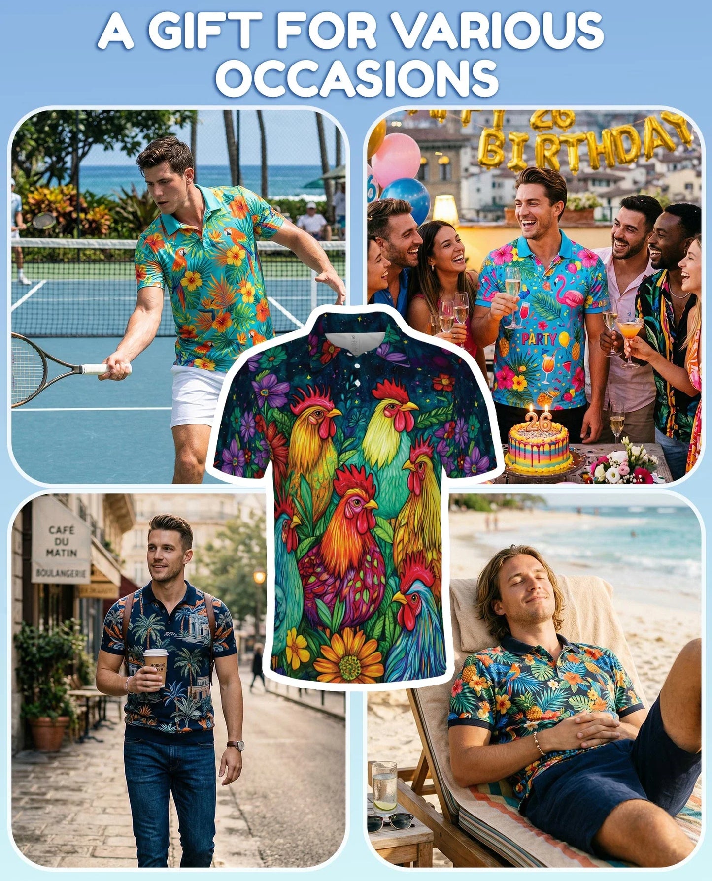 Vibrant Neon Rooster Polo Shirt for Men, Fantasy Art Style | Azhawaiian