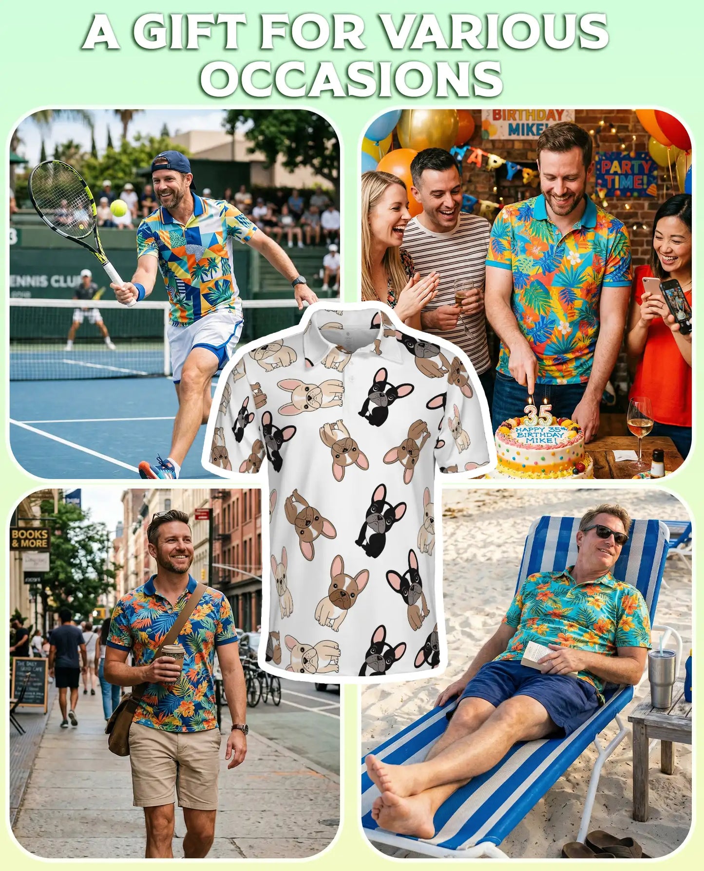 Cute French Bulldog Pattern 3D Polo Shirt for Men, Cartoon Dog Lover Style | Azhawaiian