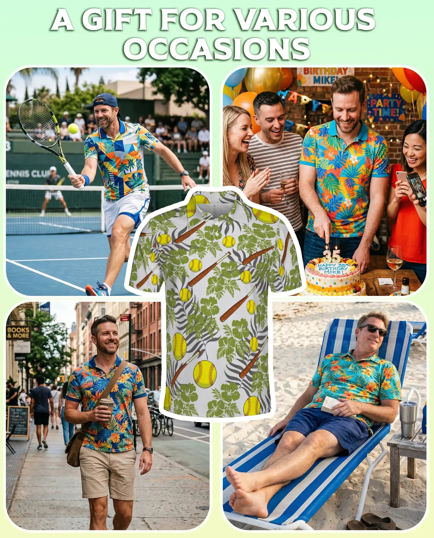 Softball Tropical 3D Polo Shirt for Men, Bat and Ball Summer Style | Azhawaiian