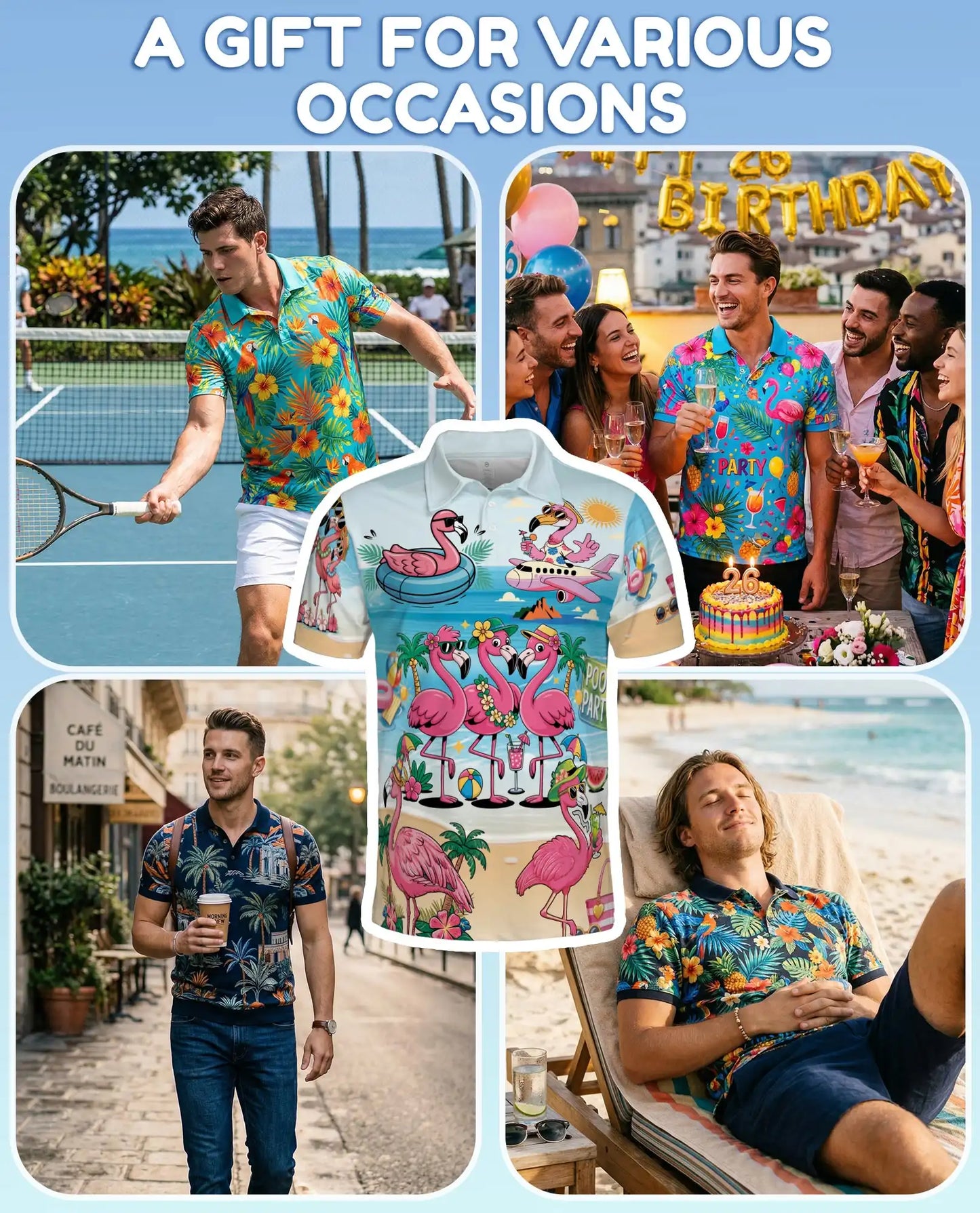 Flamingo Pool Party Polo Shirt for Men - Print Flamingo Party Shirt | Azhawaiian
