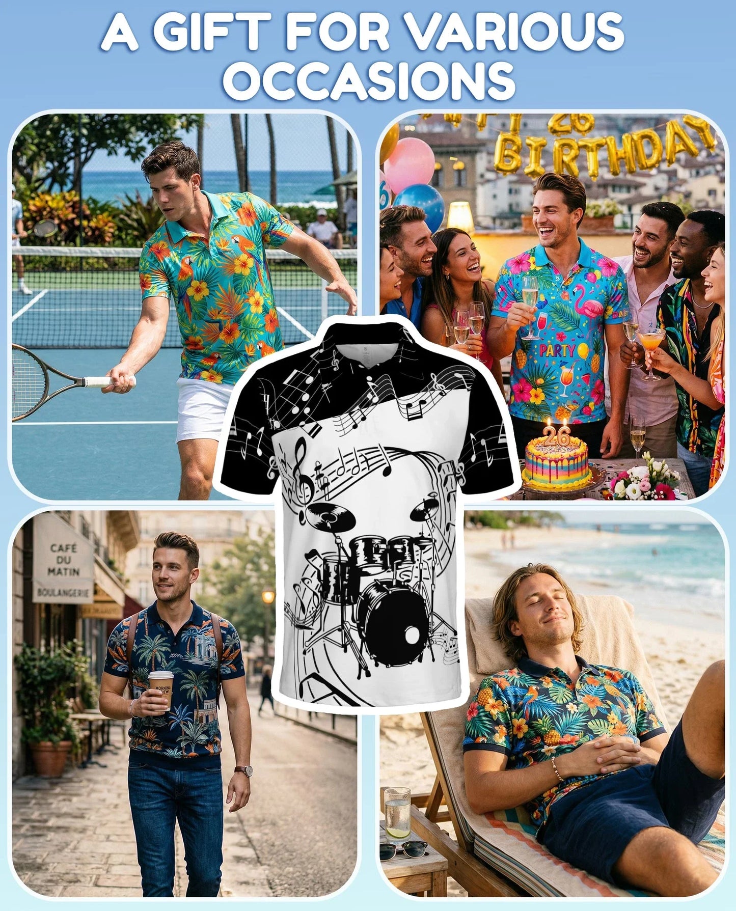 Drums Music Polo Shirt for Men, Rock Band Style Design | Azhawaiian