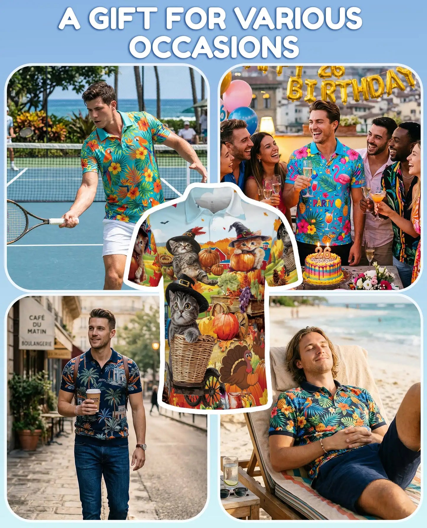 Autumn Harvest Cats Polo Shirt for Men, Cute Fall Kitten Print | Azhawaiian