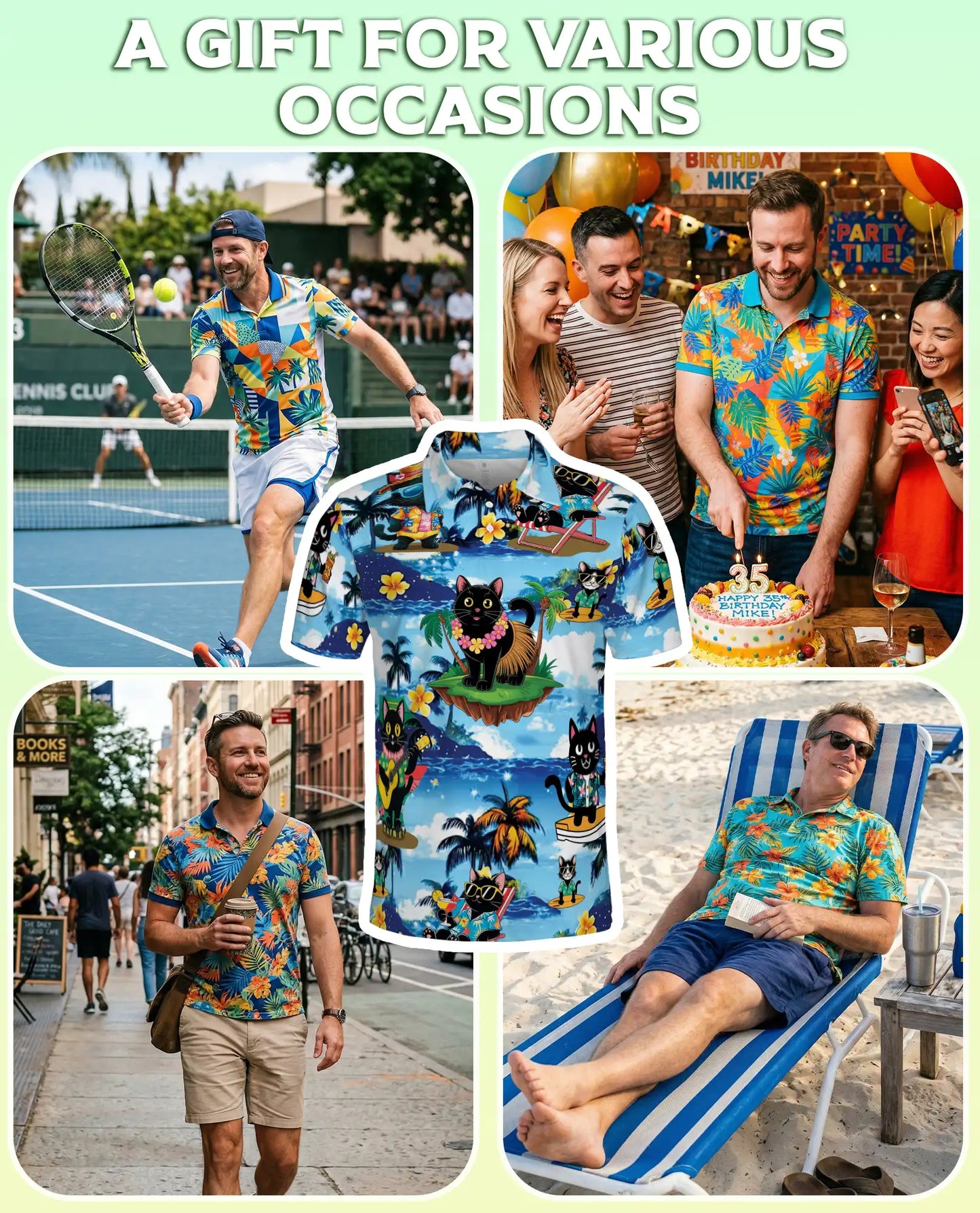 Tropical Black Cat 3D Polo Shirt for Men, Hawaiian Beach Cartoon Style | Azhawaiian