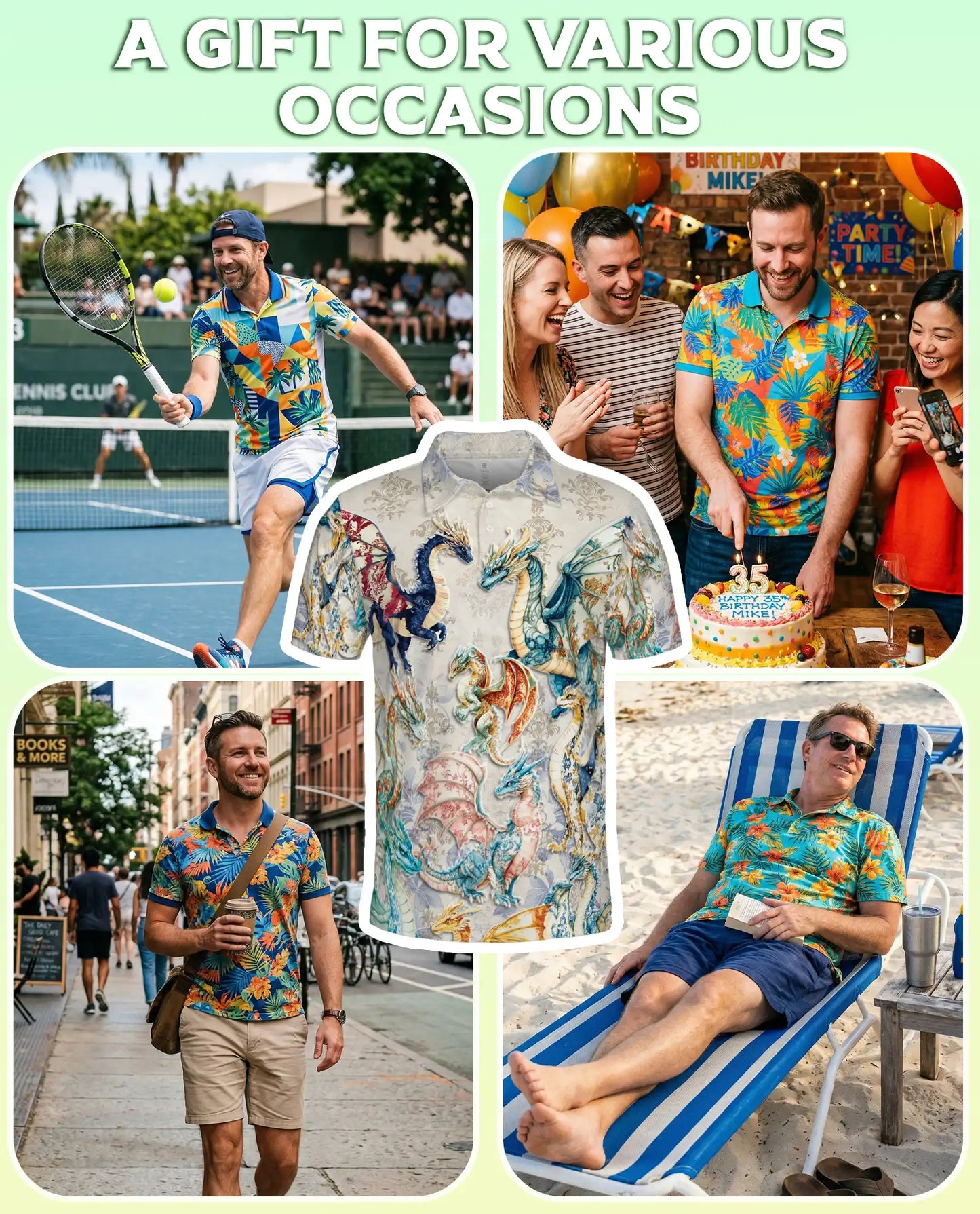 Elegant Fantasy Dragon 3D Polo Shirt for Men, Medieval Mythical Creature Style | Azhawaiian