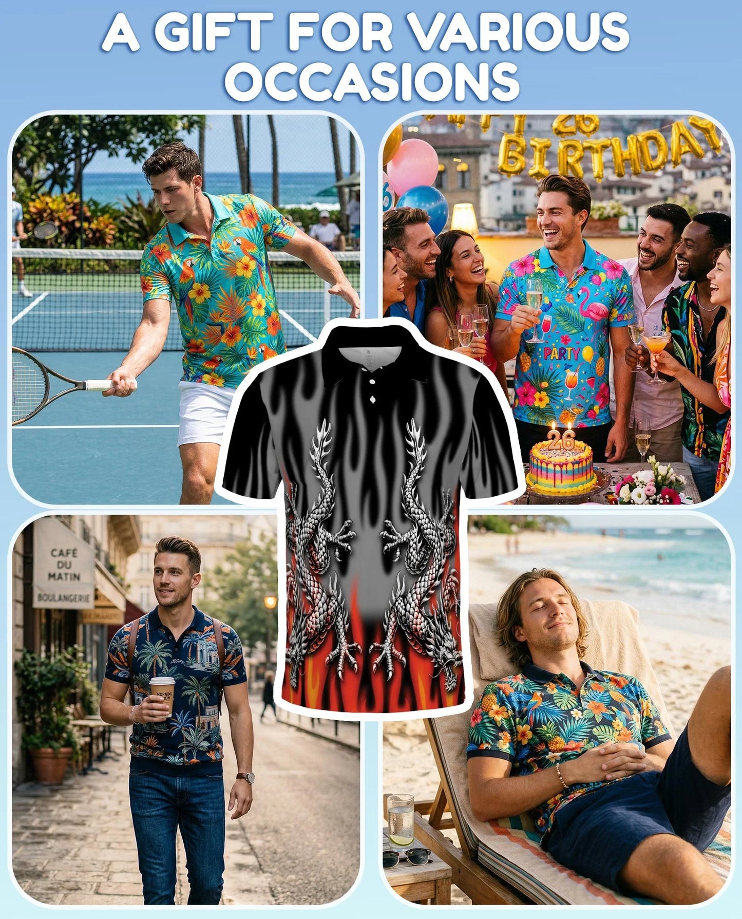 Fire Dragon Polo Shirt for Men, Flaming Fantasy Design | Azhawaiian