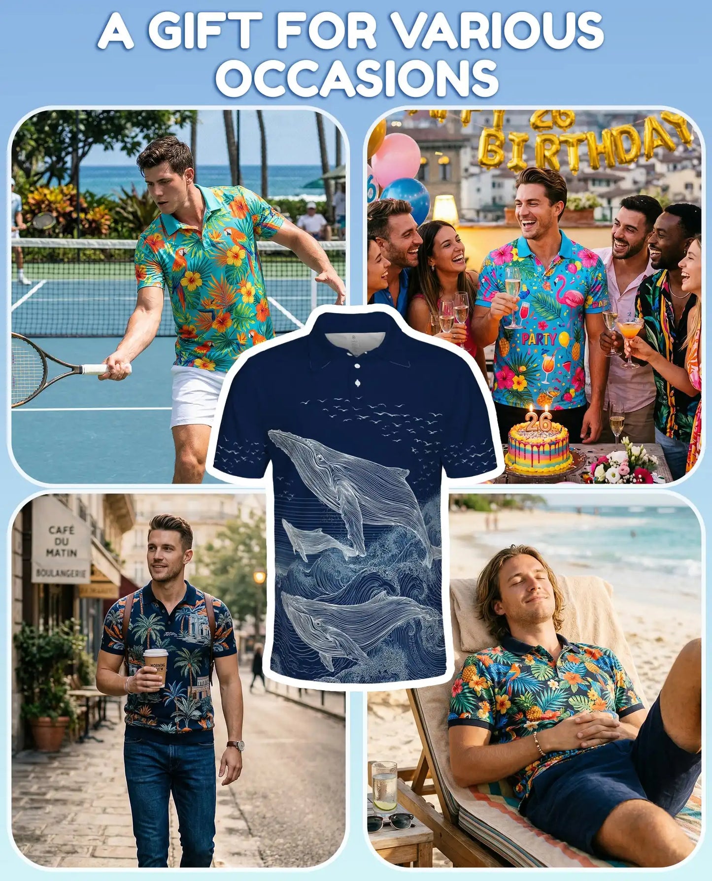 Whale Polo Shirt - Ocean Wave Marine Life Coastal Design | Azhawaiian
