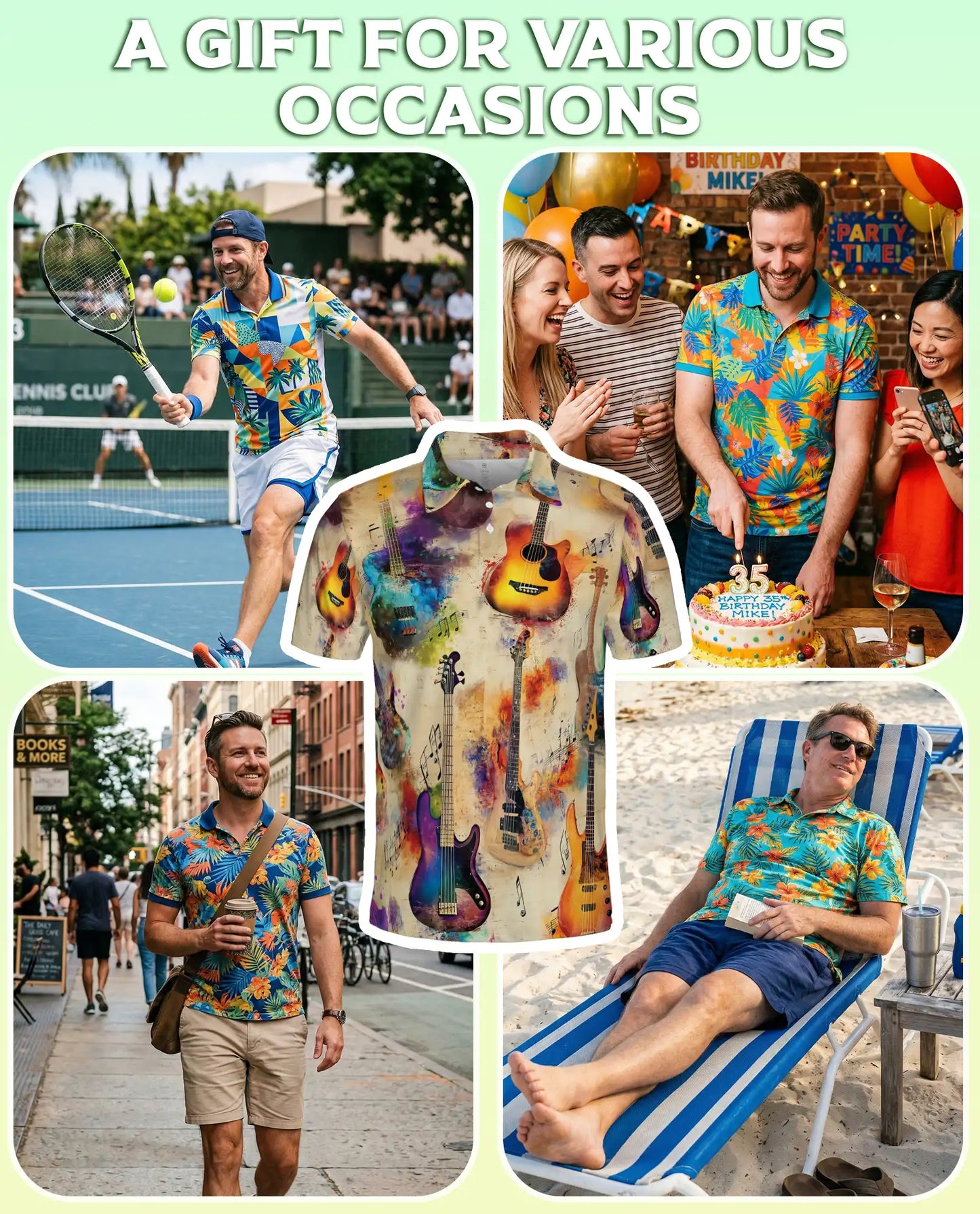 Watercolor Guitar Polo Shirt, Artistic Music Print | Azhawaiian