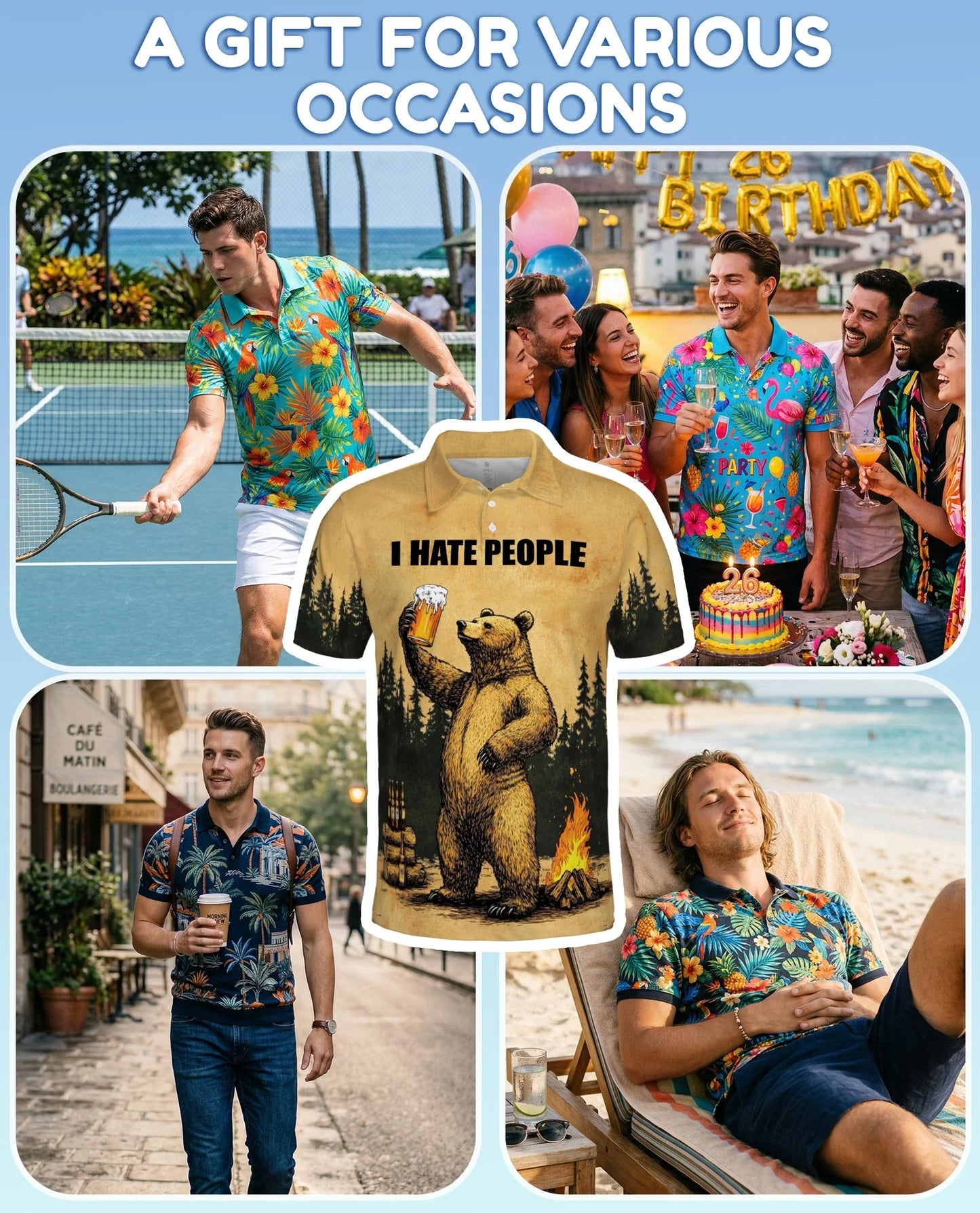 Funny Bear Camping Polo Shirt for Men, Outdoor Beer Lover Style | Azhawaiian