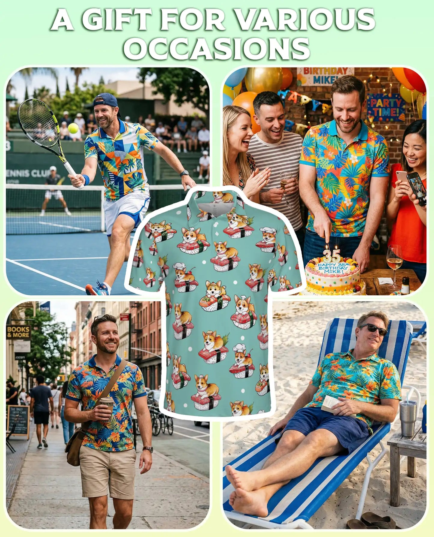 Corgi Sushi 3D Polo Shirt for Men, Funny Japanese Food Dog Style | Azhawaiian