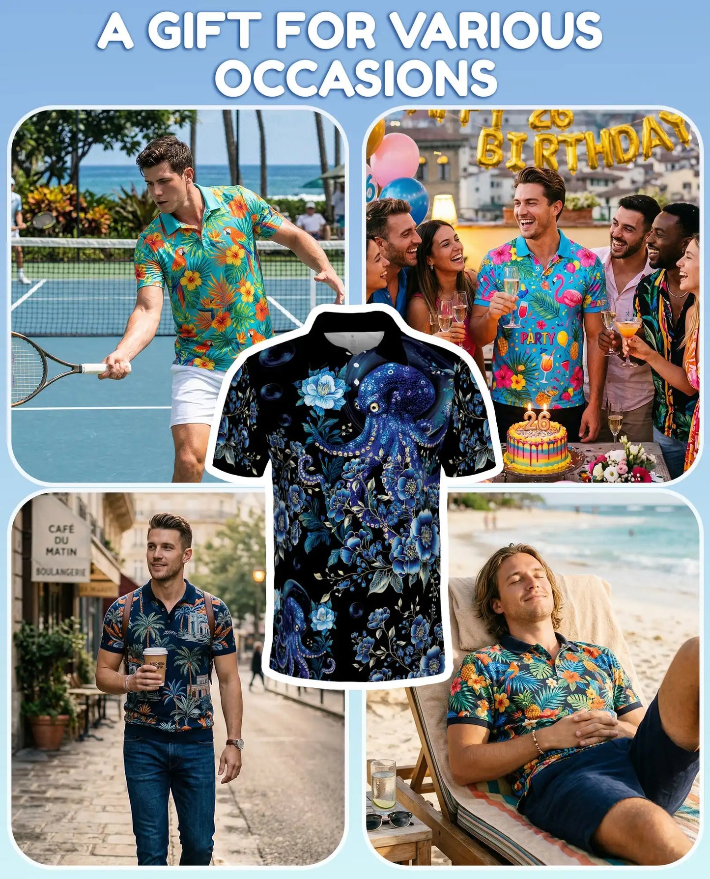 Blue Octopus Polo Shirt - Floral Ocean Fantasy Marine Art Design | Azhawaiian