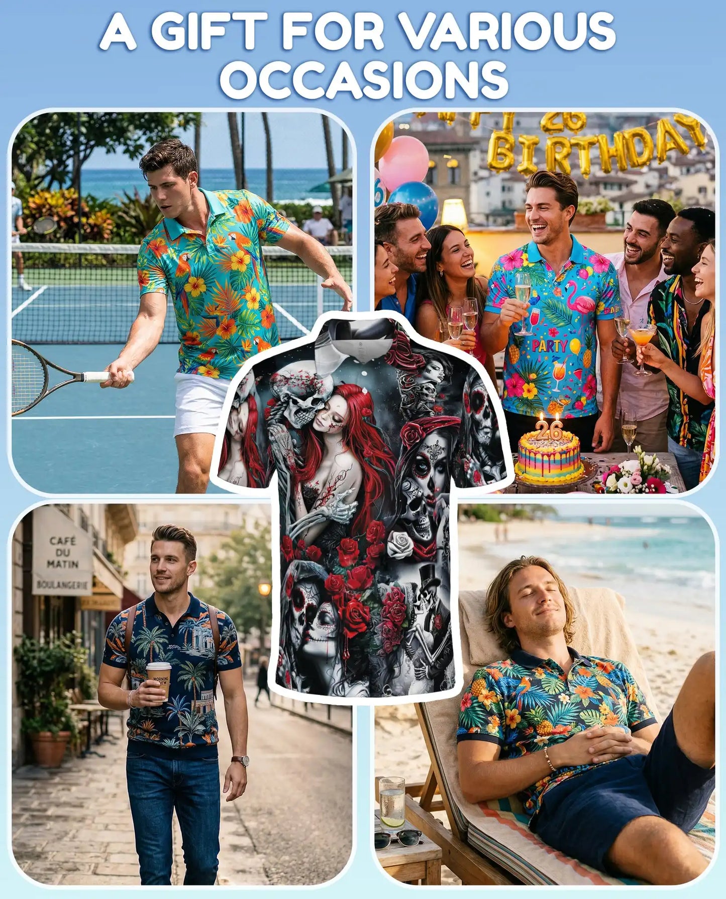 Day of the Dead Sugar Skull Polo Shirt for Men, Gothic Skeleton Roses | Azhawaiian