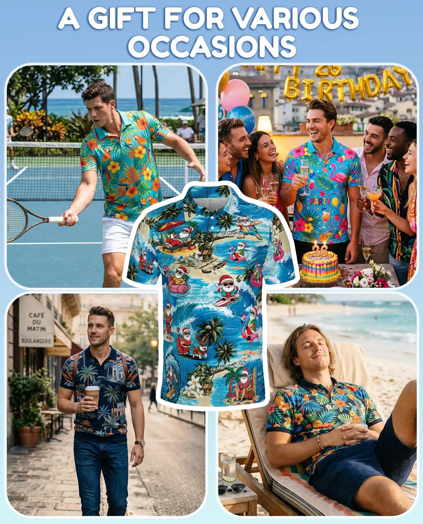 Tropical Santa Beach Christmas Polo Shirt for Men-Surfing Santa Hawaiian | Azhawaiian