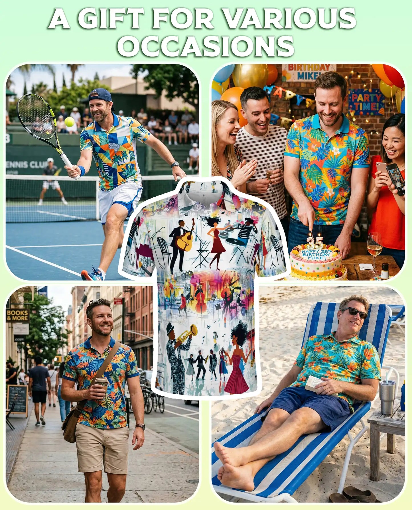 Jazz Music Party 3D Polo Shirt for Men, Colorful Retro Musician Style | Azhawaiian