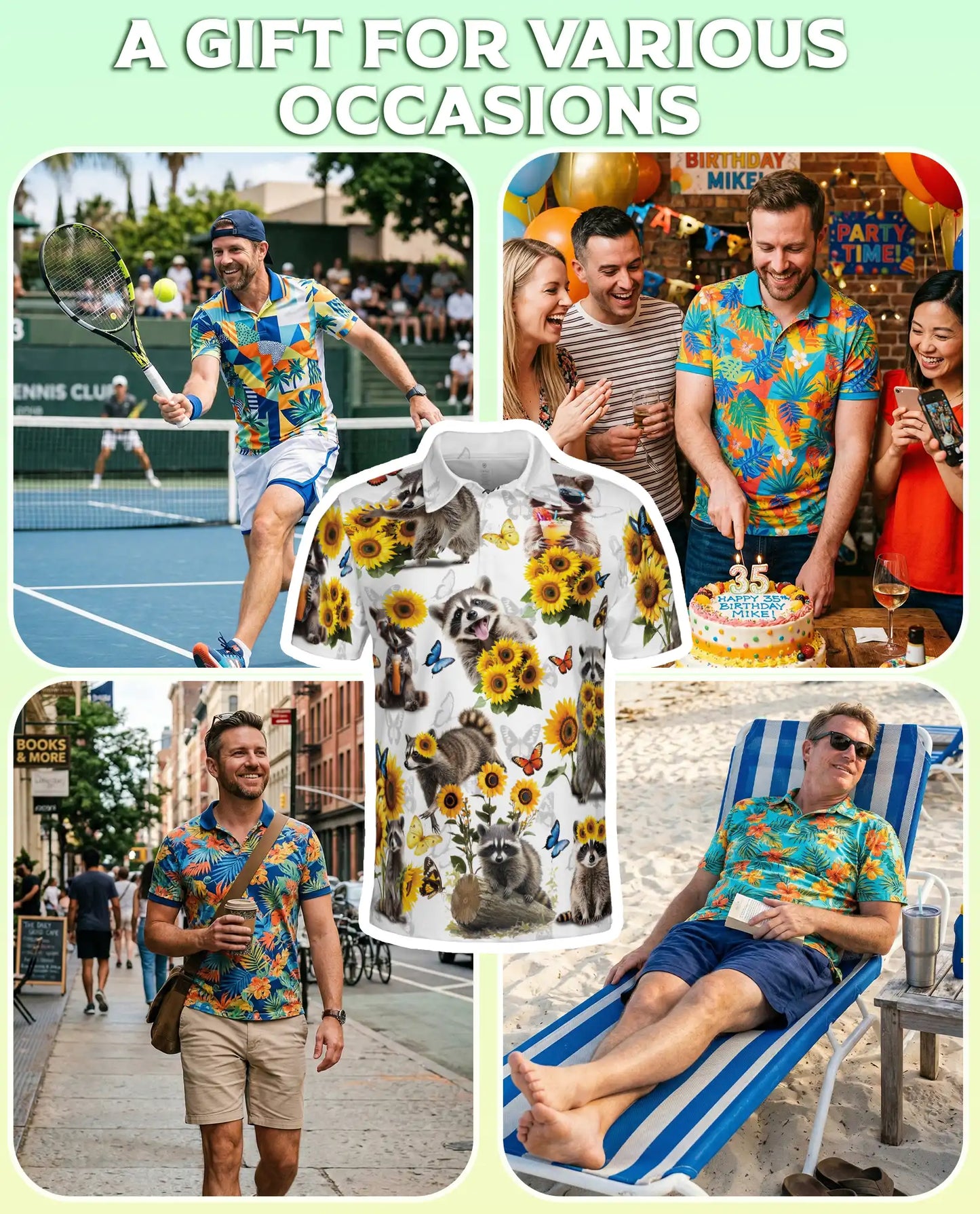 Raccoon Sunflower 3D Polo Shirt for Men, Cute Animal Nature Style | Azhawaiian