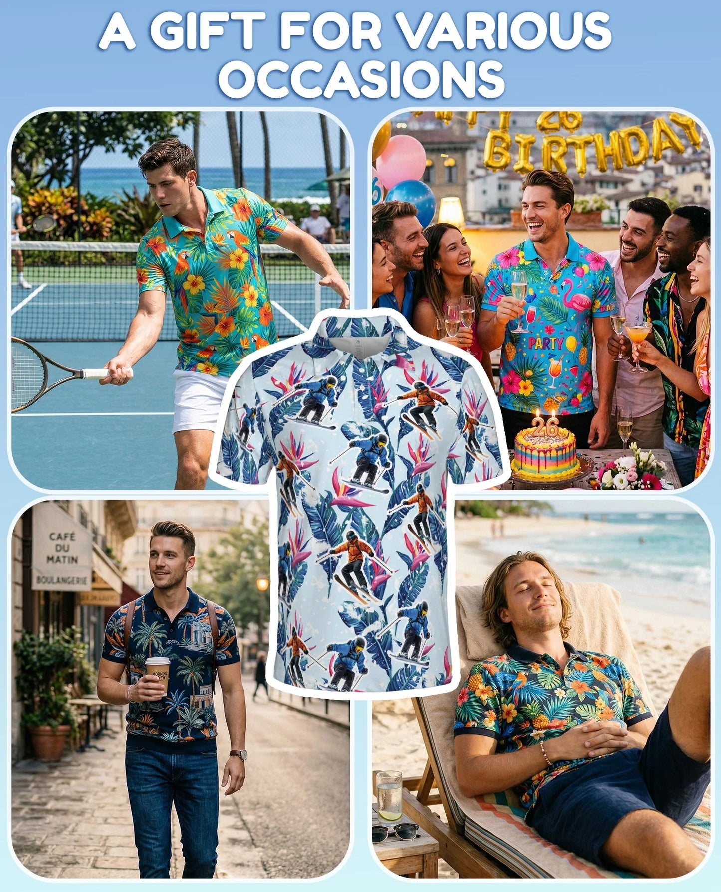 Tropical Skiing Polo Shirt for Men, Winter Adventure Pattern | Azhawaiian