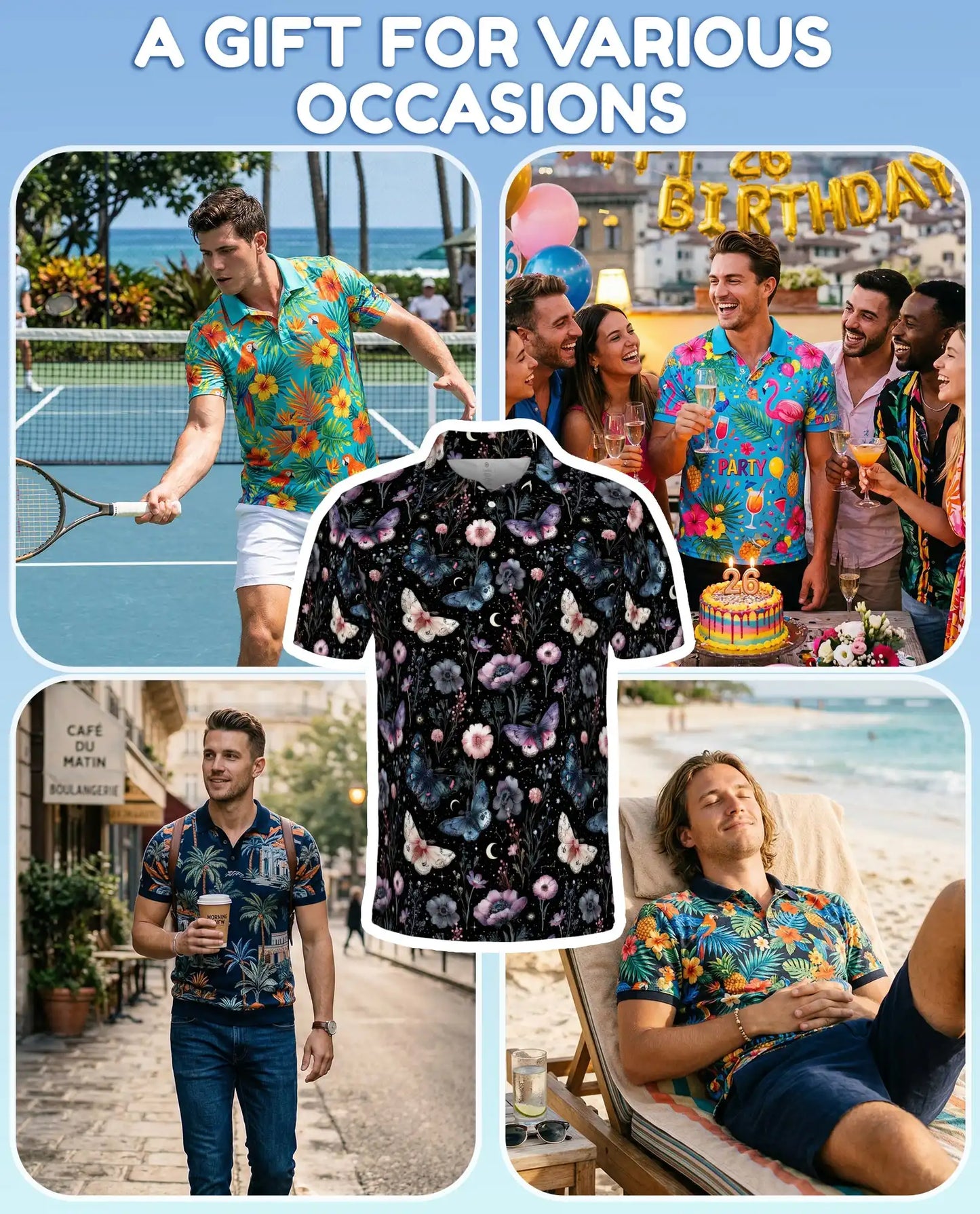 Butterfly Floral Polo Shirt - Moonlit Botanical Garden Style | Azhawaiian