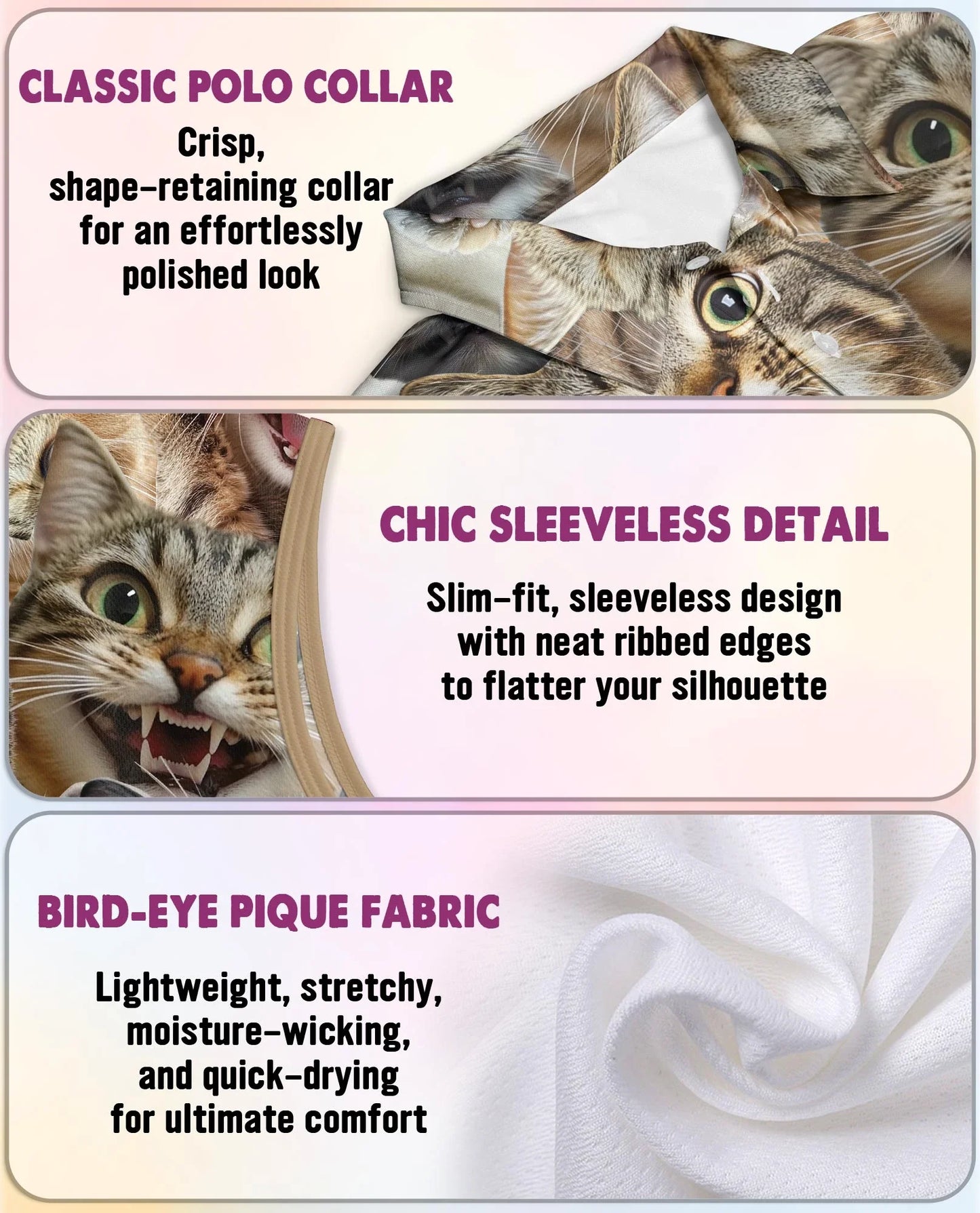 Funny Cat Pattern Sleeveless Polo Shirt for Women | Azhawaiian