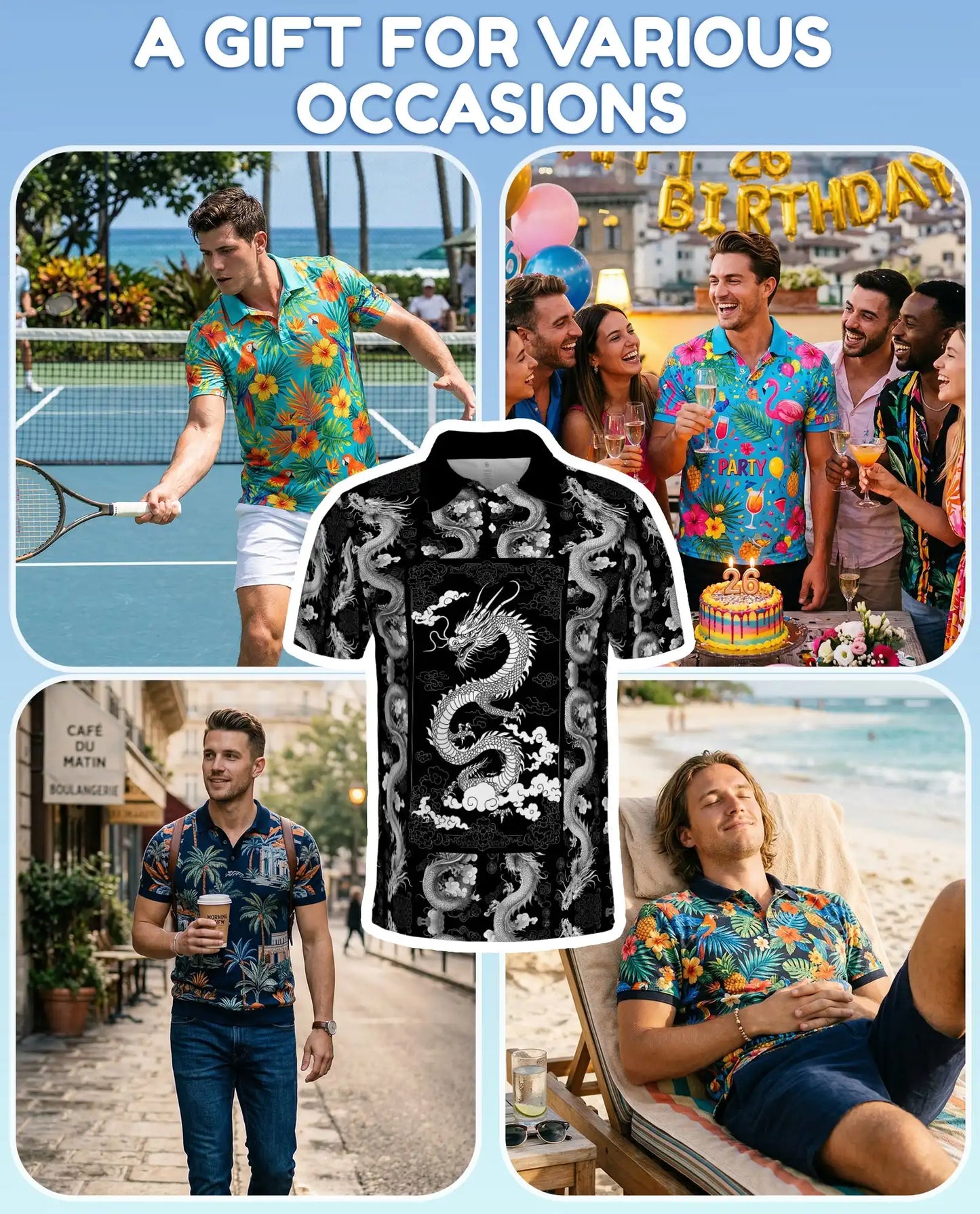 Black White Asian Dragon Polo Shirt for Men - Oriental Dragon Art | Azhawaiian