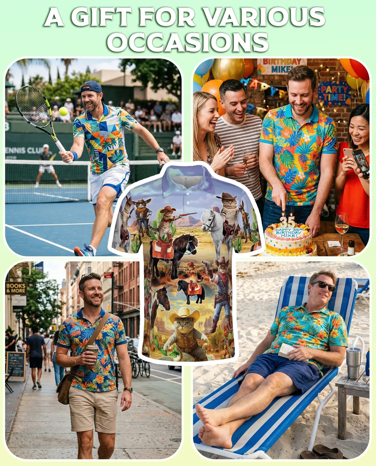 Funny Cowboy Cat 3D Polo Shirt for Men, Wild West Western Pet Style | Azhawaiian