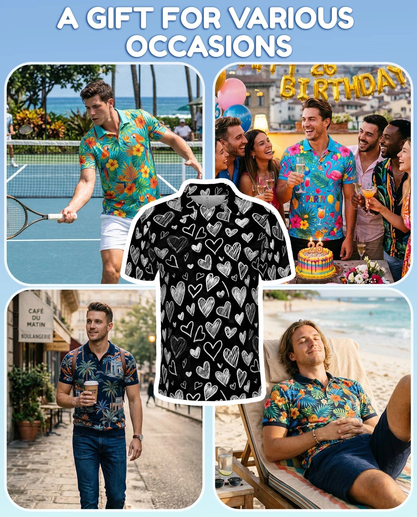 Love Heart Polo Shirt for Men, Romantic Valentine Style | Azhawaiian