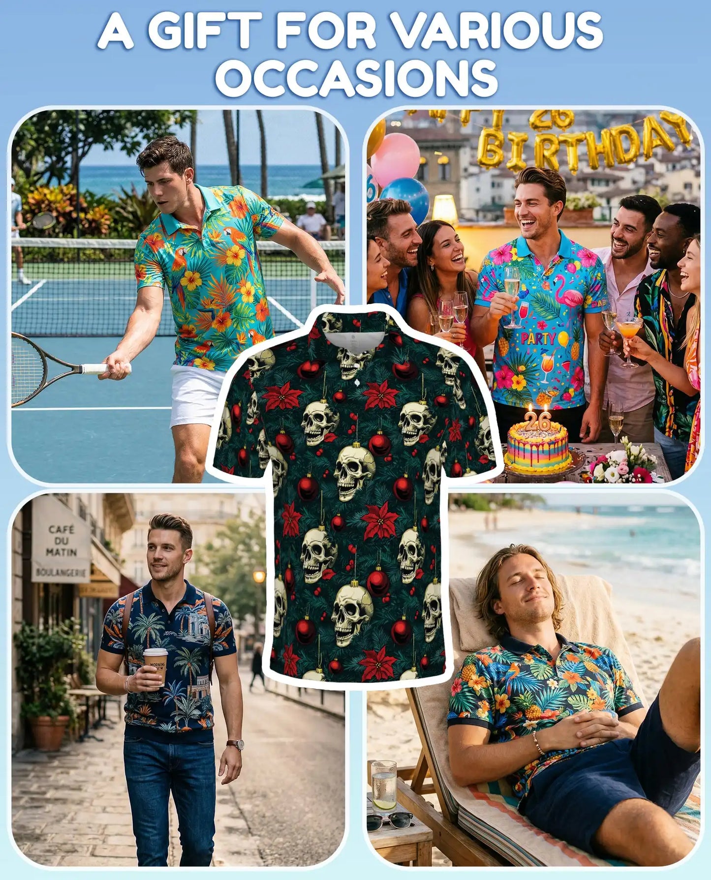 Skull Christmas Polo Shirt, Gothic Holiday Print | Azhawaiian
