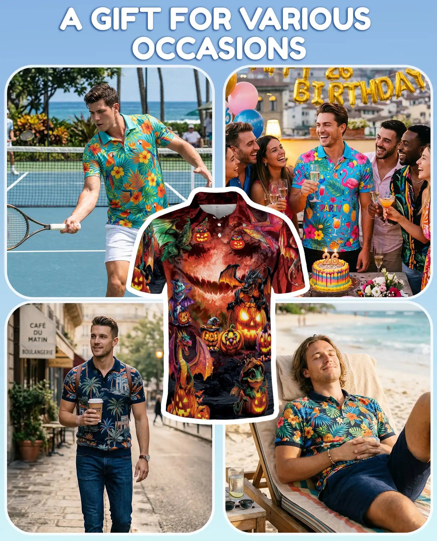 Halloween Dragon Polo Shirt for Men, Spooky Pumpkin Fire Style | Azhawaiian