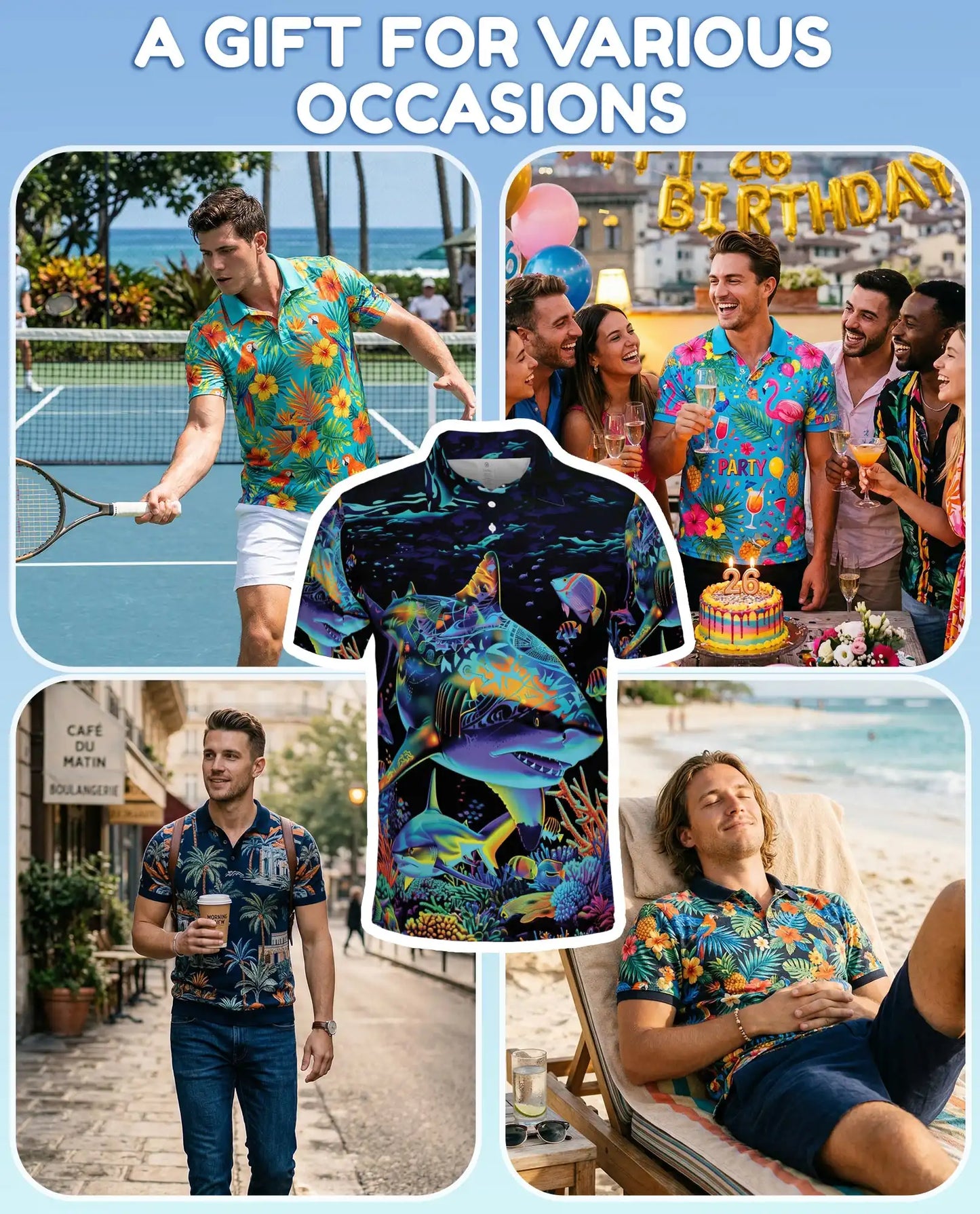 Tropical Sharks Polo Shirt for Men, Colorful Ocean Fish Design | Azhawaiian