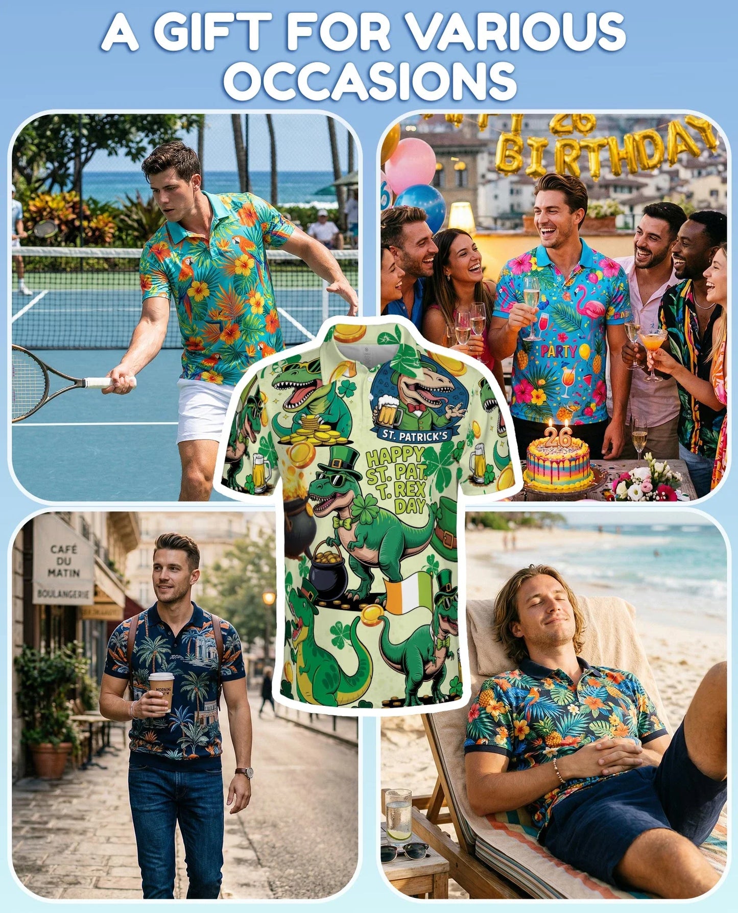 St. Patrick's Day Dinosaur Polo Shirt for Men, Funny Irish Holiday Style | Azhawaiian
