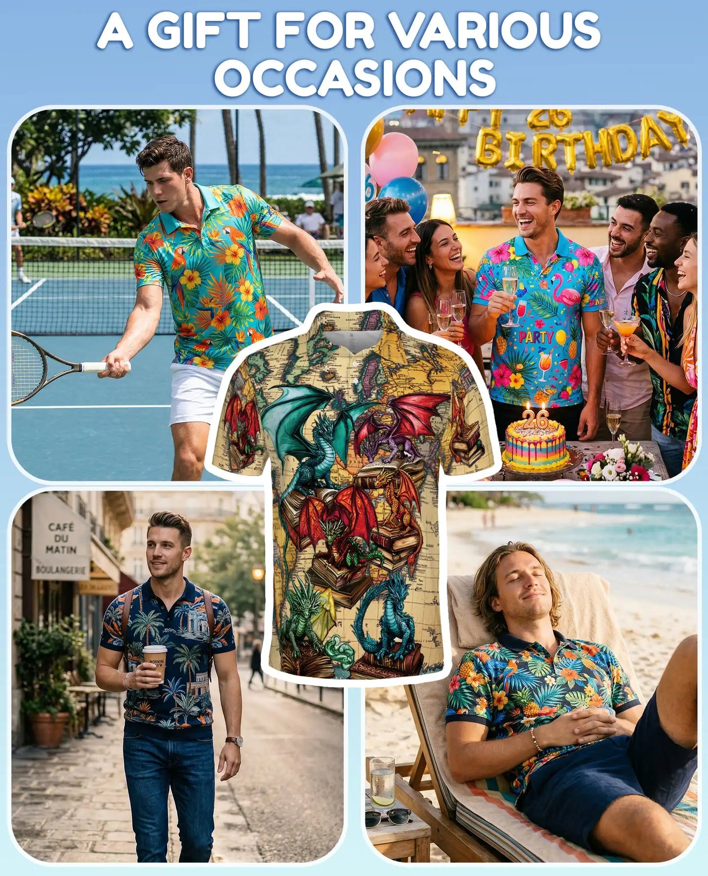 Dragon Library Polo Shirt - Fantasy Book Lover Style | Azhawaiian