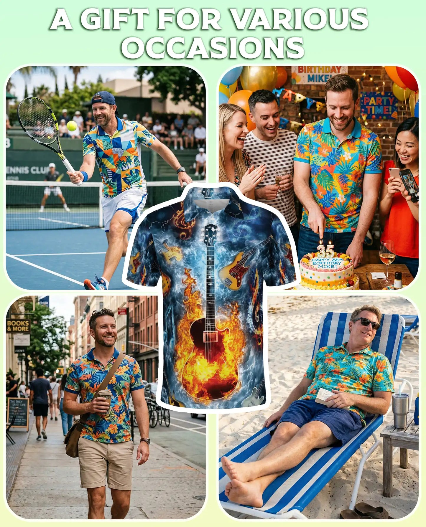 Flaming Guitar 3D Polo Shirt for Men, Rock Music Fire Storm Style | Azhawaiian