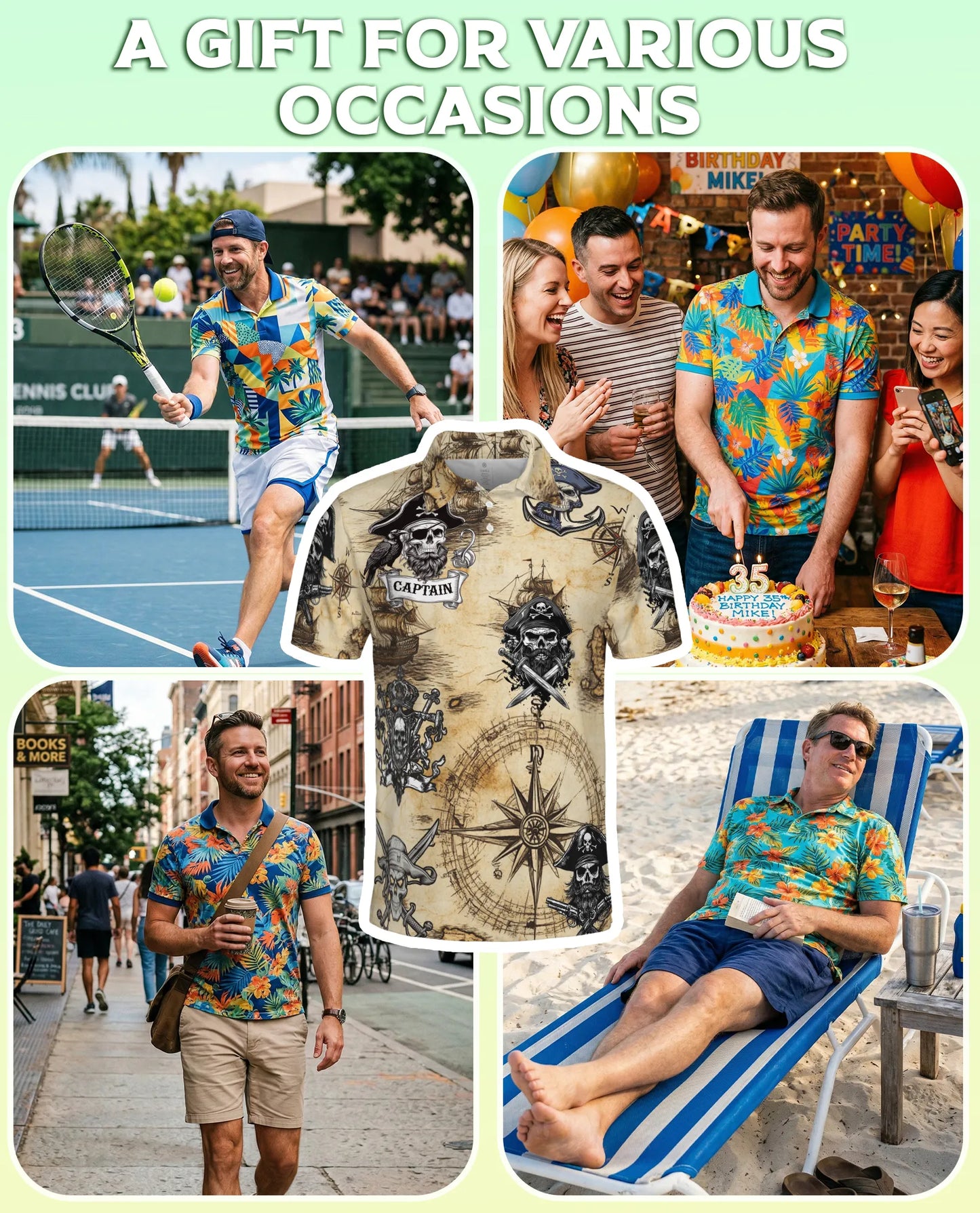 Pirate Captain 3D Polo Shirt for Men, Skull Compass Nautical Style | Azhawaiian