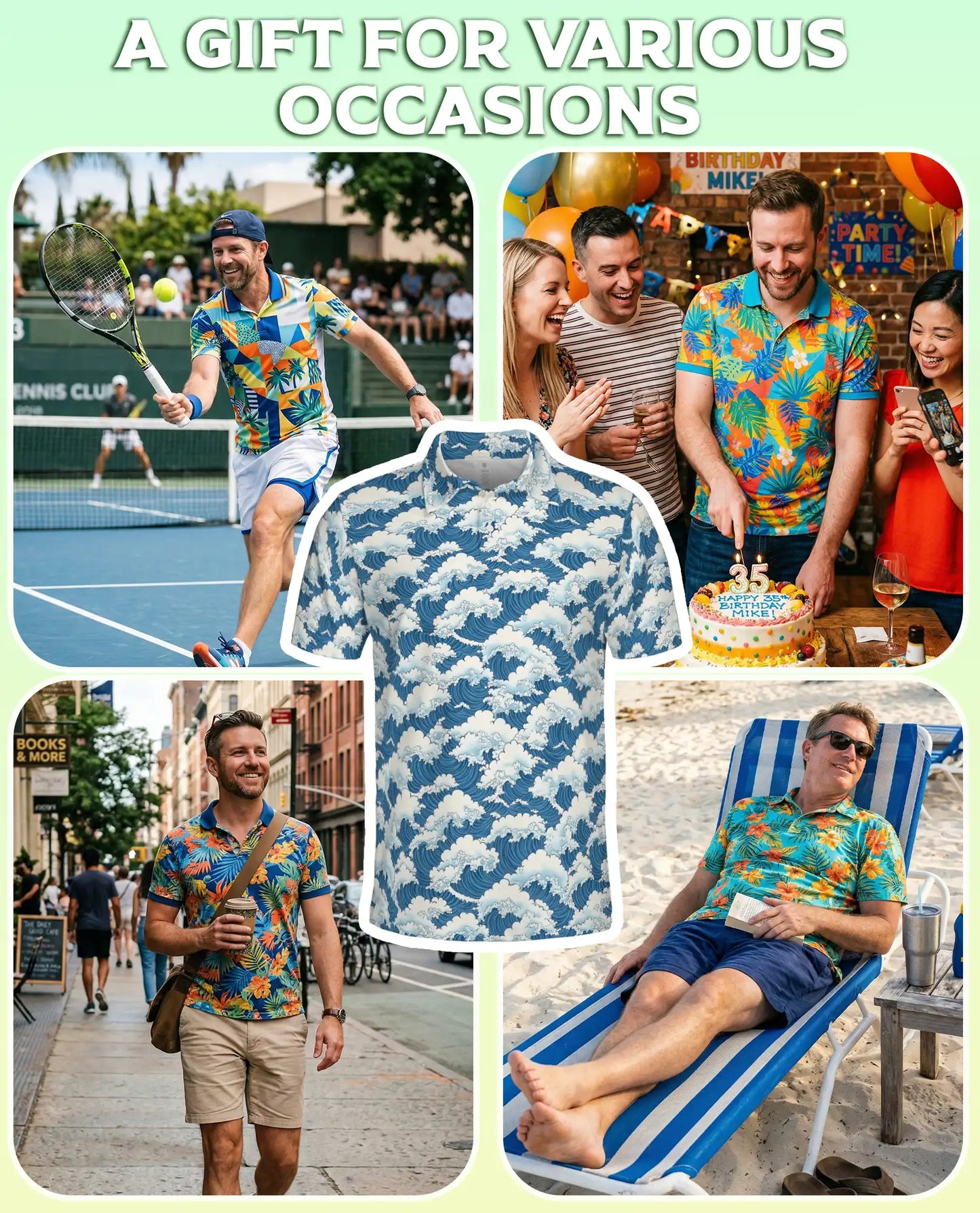 Japanese Ocean Wave 3D Polo Shirt for Men, Coastal Minimalist Art Style | Azhawaiian