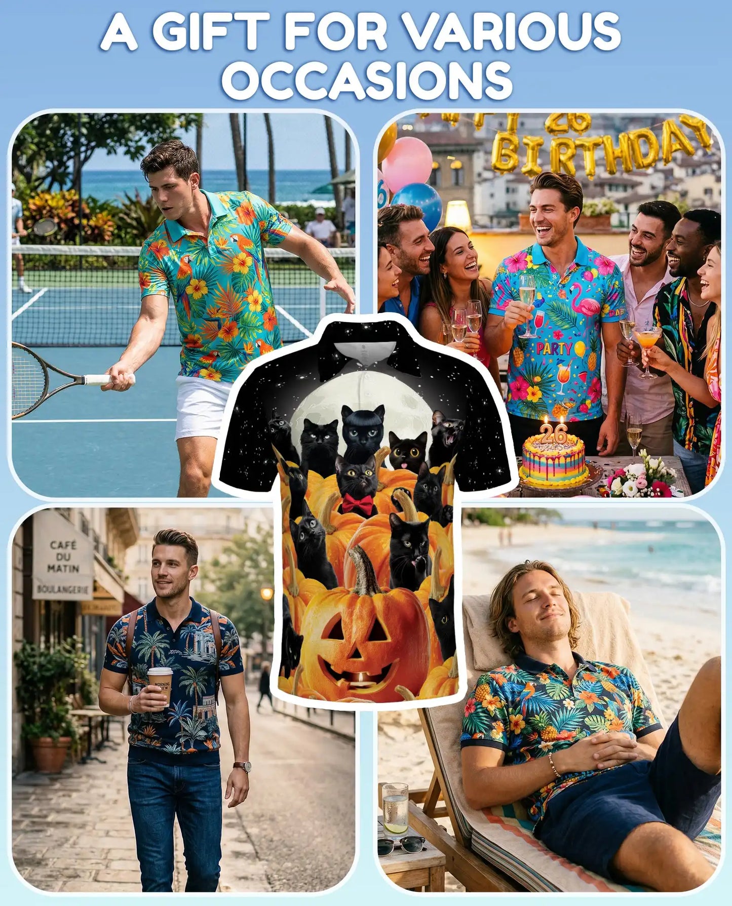 Black Cat Halloween Polo Shirt - Pumpkin Moon Night Style | Azhawaiian