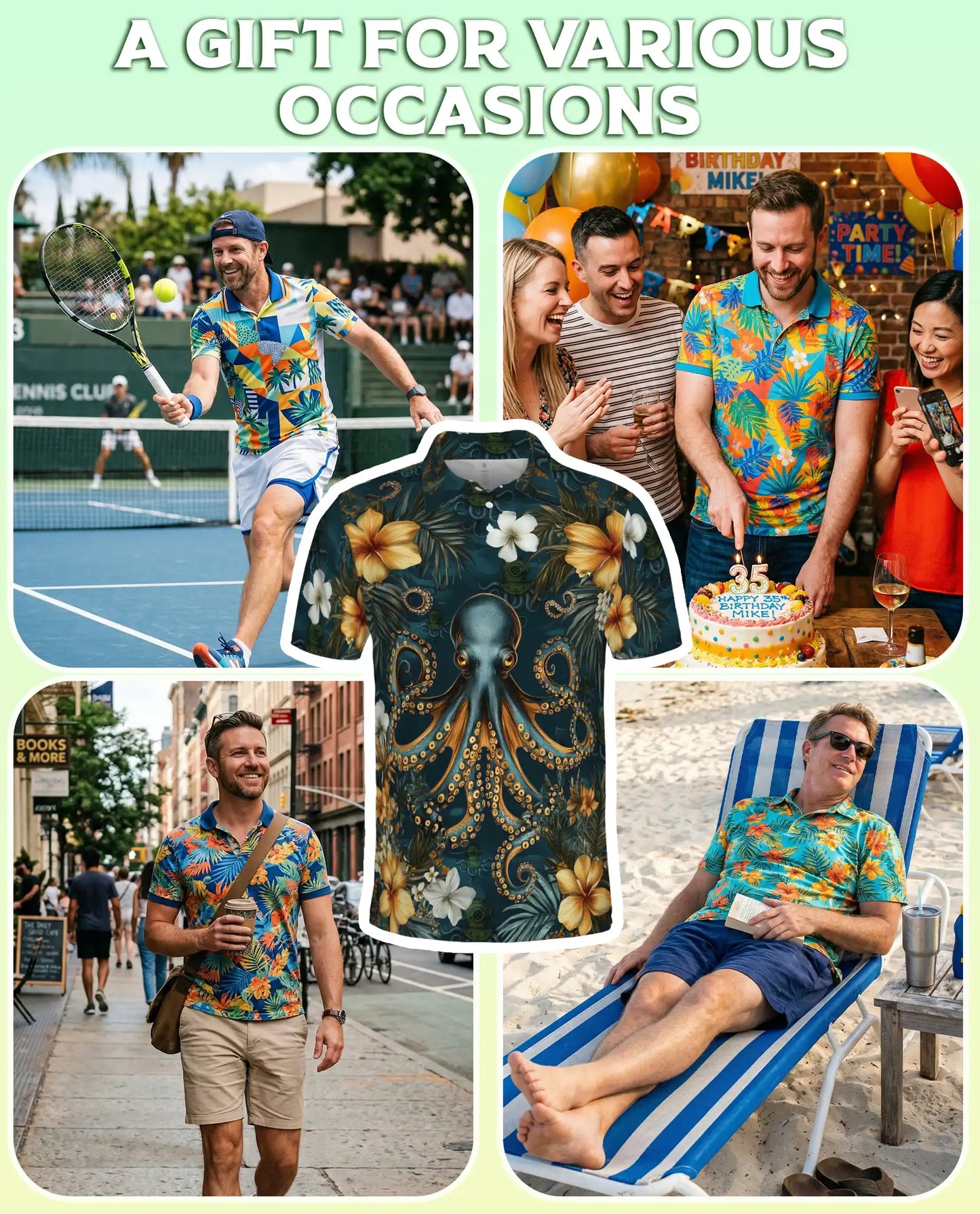 Octopus Polo Shirt for Men-Tropical Ocean Sea Creature Nautical Beach Shirt | Azhawaiian