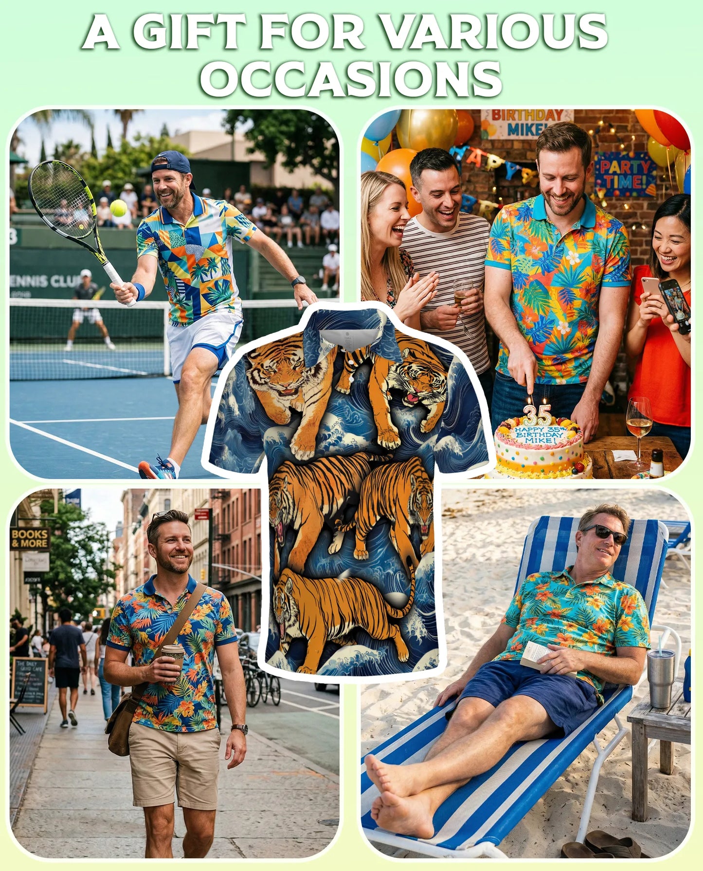 Tiger Wave 3D Polo Shirt for Men, Japanese Ocean Animal Style | Azhawaiian