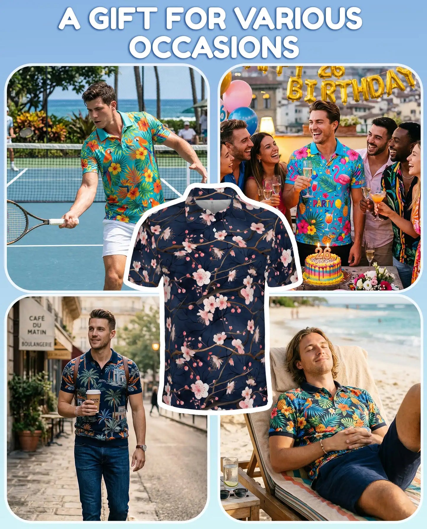Cherry Blossom Branch Polo Shirt for Men, Spring Floral Style | Azhawaiian