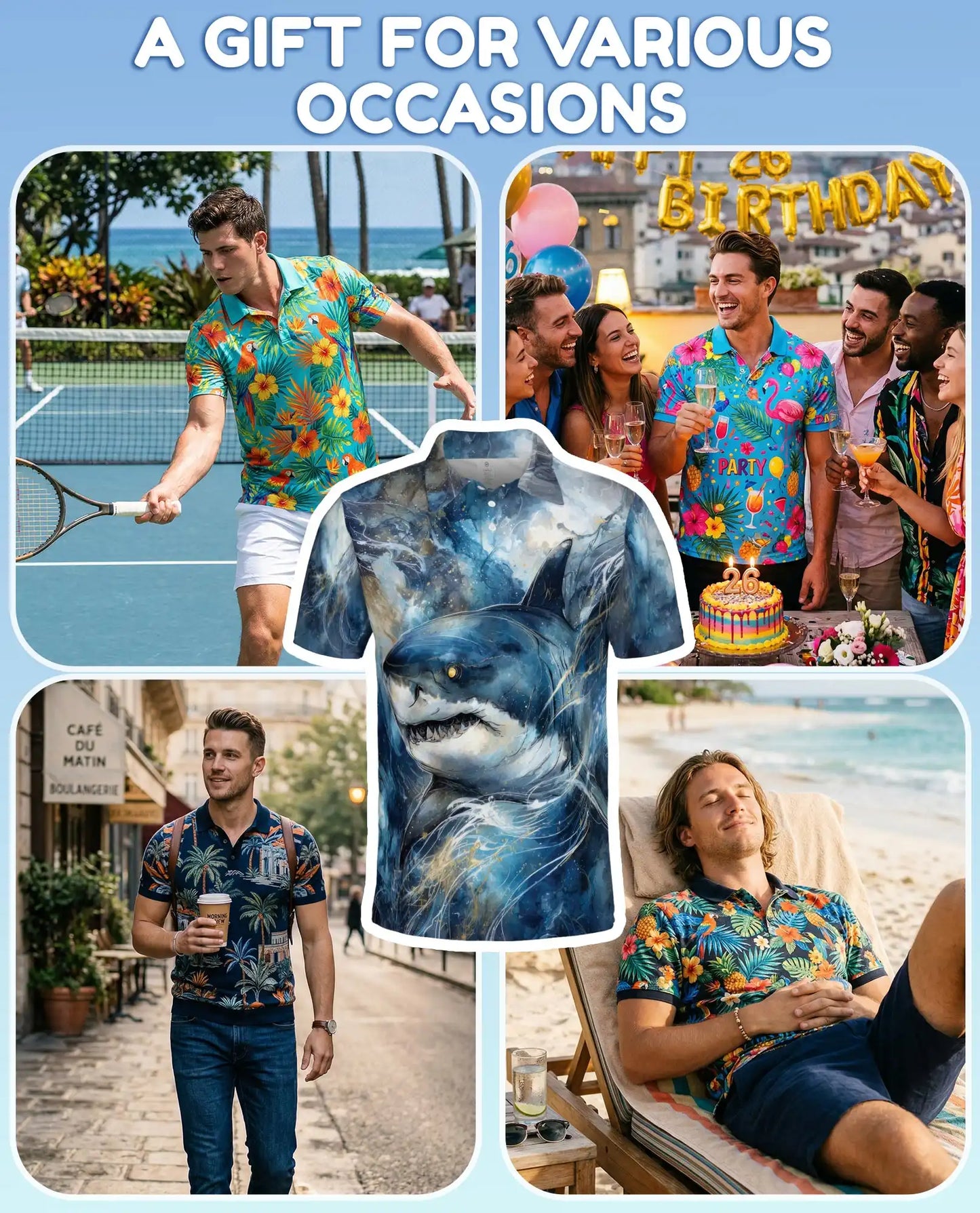 Shark Ocean Adventure Polo Shirt for Men, Dynamic Marine Design | Azhawaiian