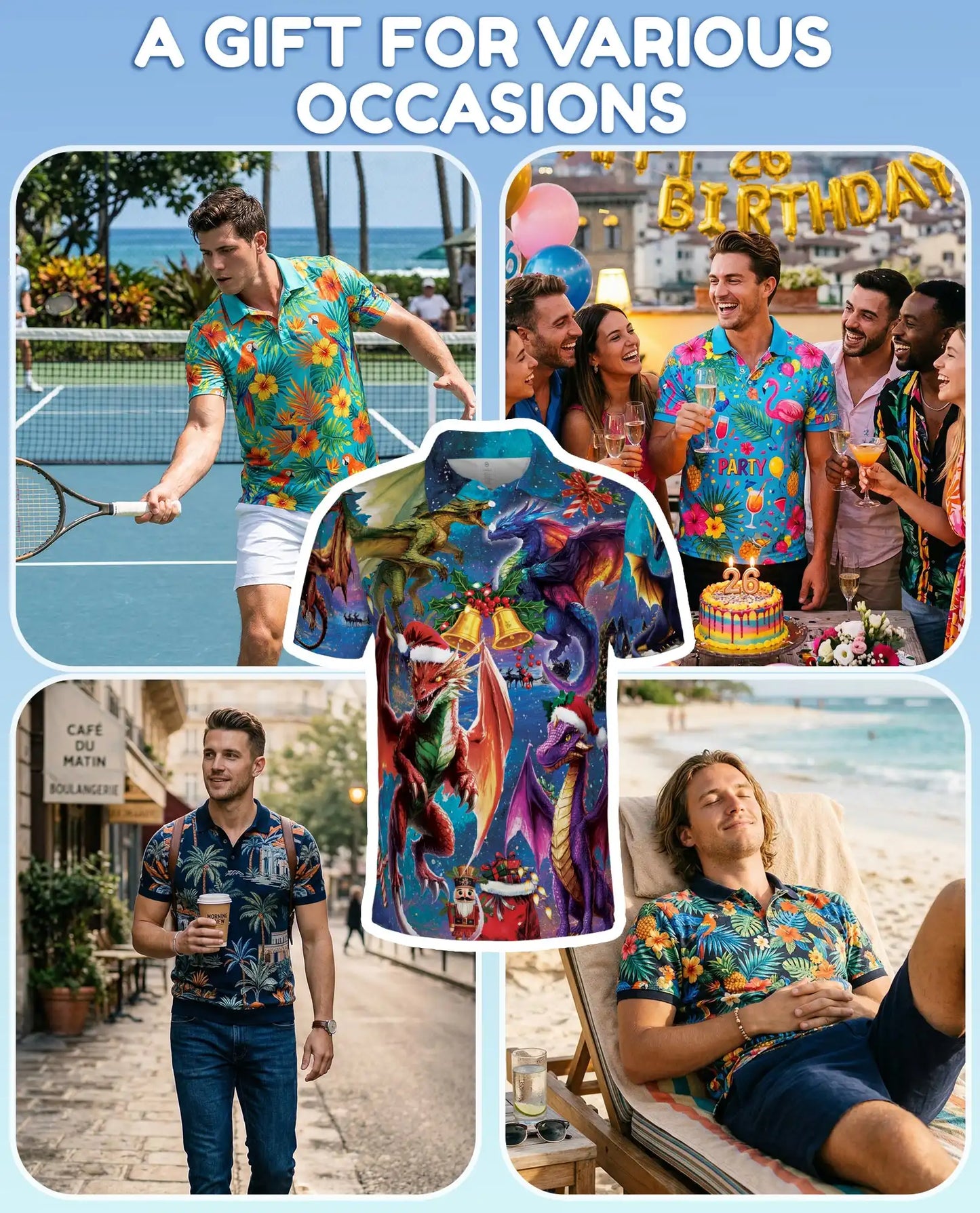 Christmas Dragon 3D Polo Shirt for Men, Fantasy Holiday Winter Style | Azhawaiian