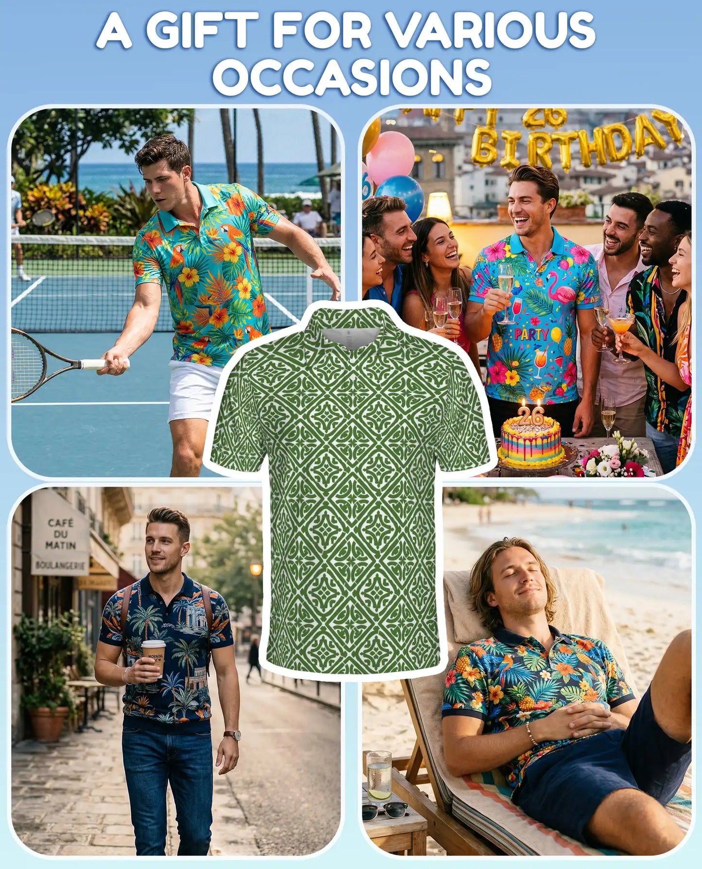 Green Geometric 3D Polo Shirt for Men, Summer Casual | Azhawaiian