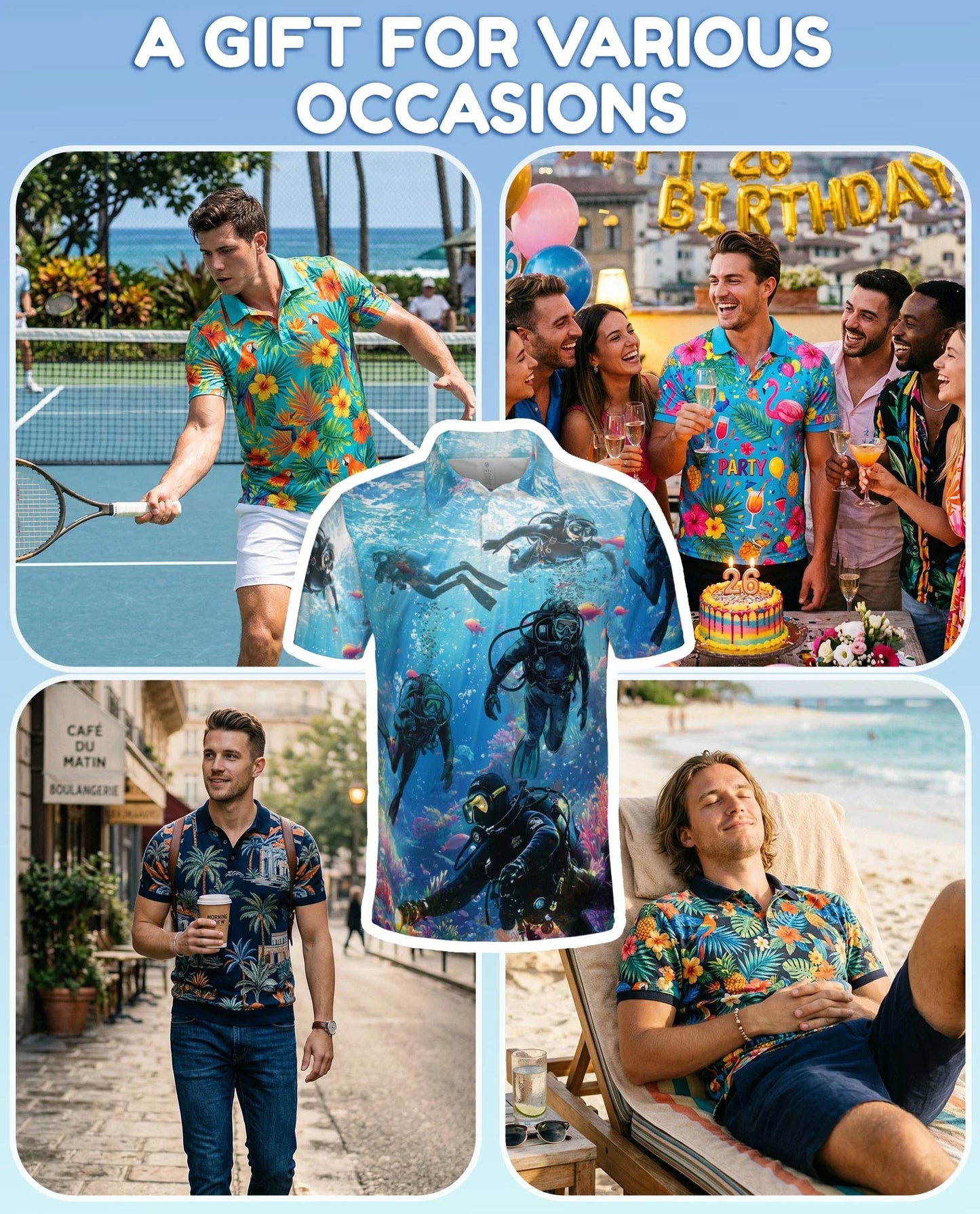 Blue Scuba Diving Coral Reef Polo Shirt for Men, Ocean Adventure Style | Azhawaiian